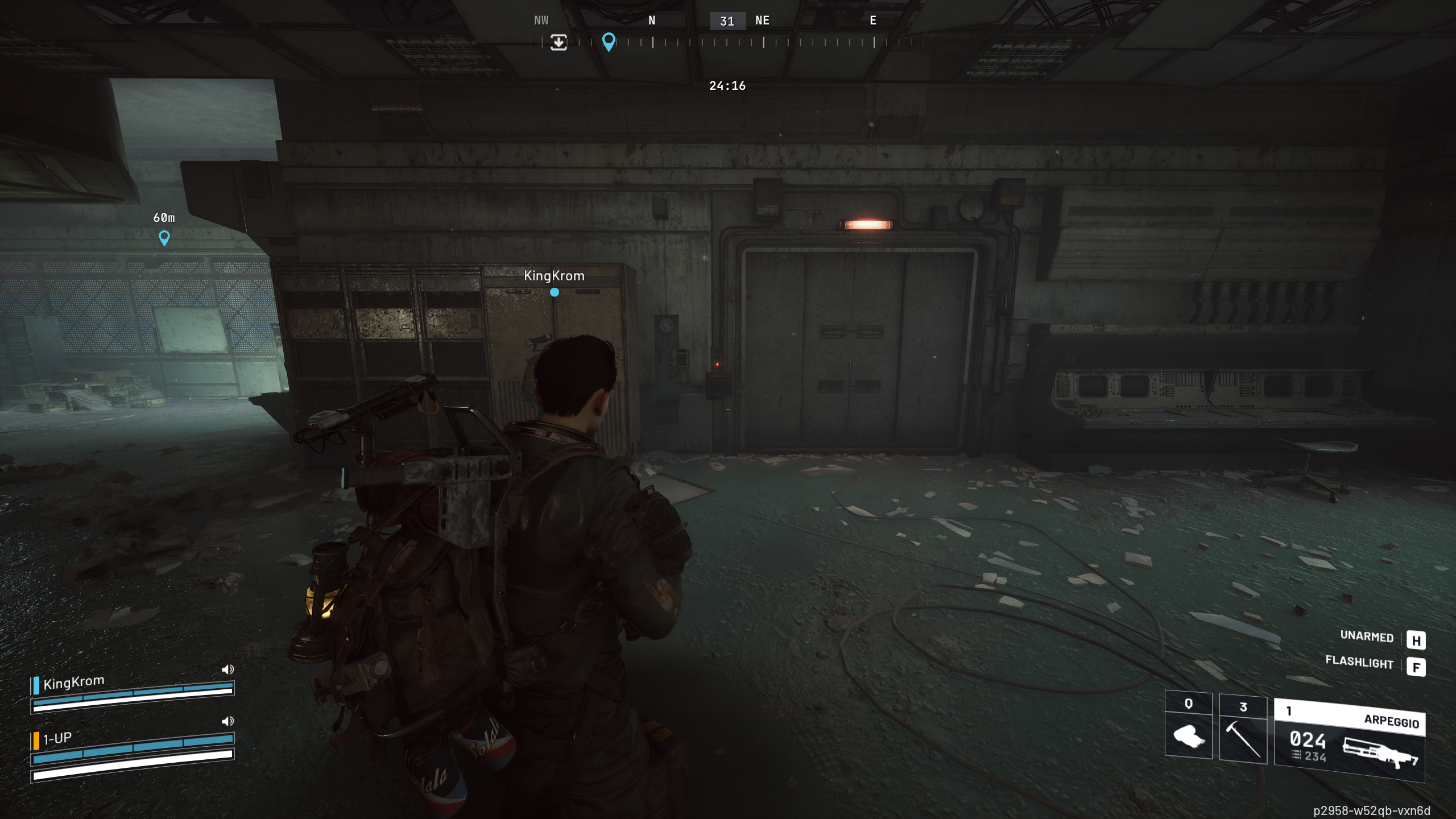 Arc Raiders loot spot: Two players stood by a locked door in the control room of the Power Generation Complex on Dam Battlegrounds.