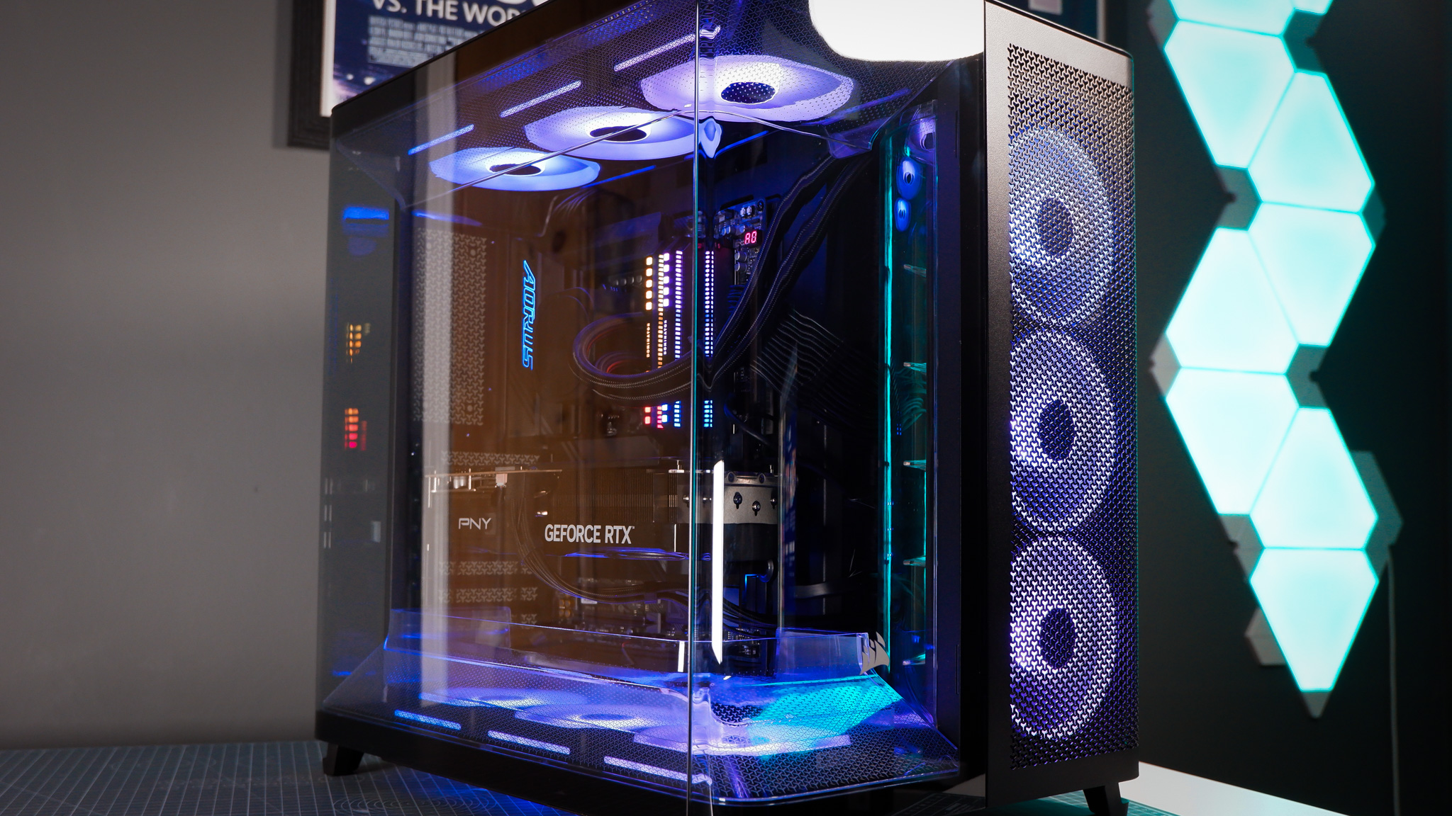 A Corsair Air 5400 PC case on a desk with various parts installed.