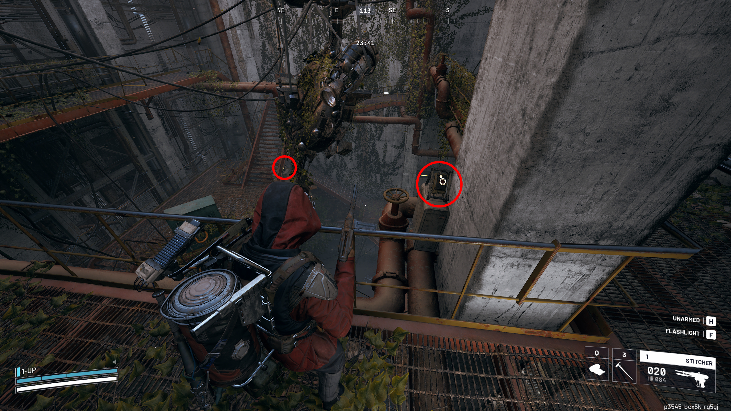 Arc Raiders Controlled Access Zone puzzle: A player looking at buttons on the side of a metal walkway in an overgrown facility, with two red circles highlighting the switches.