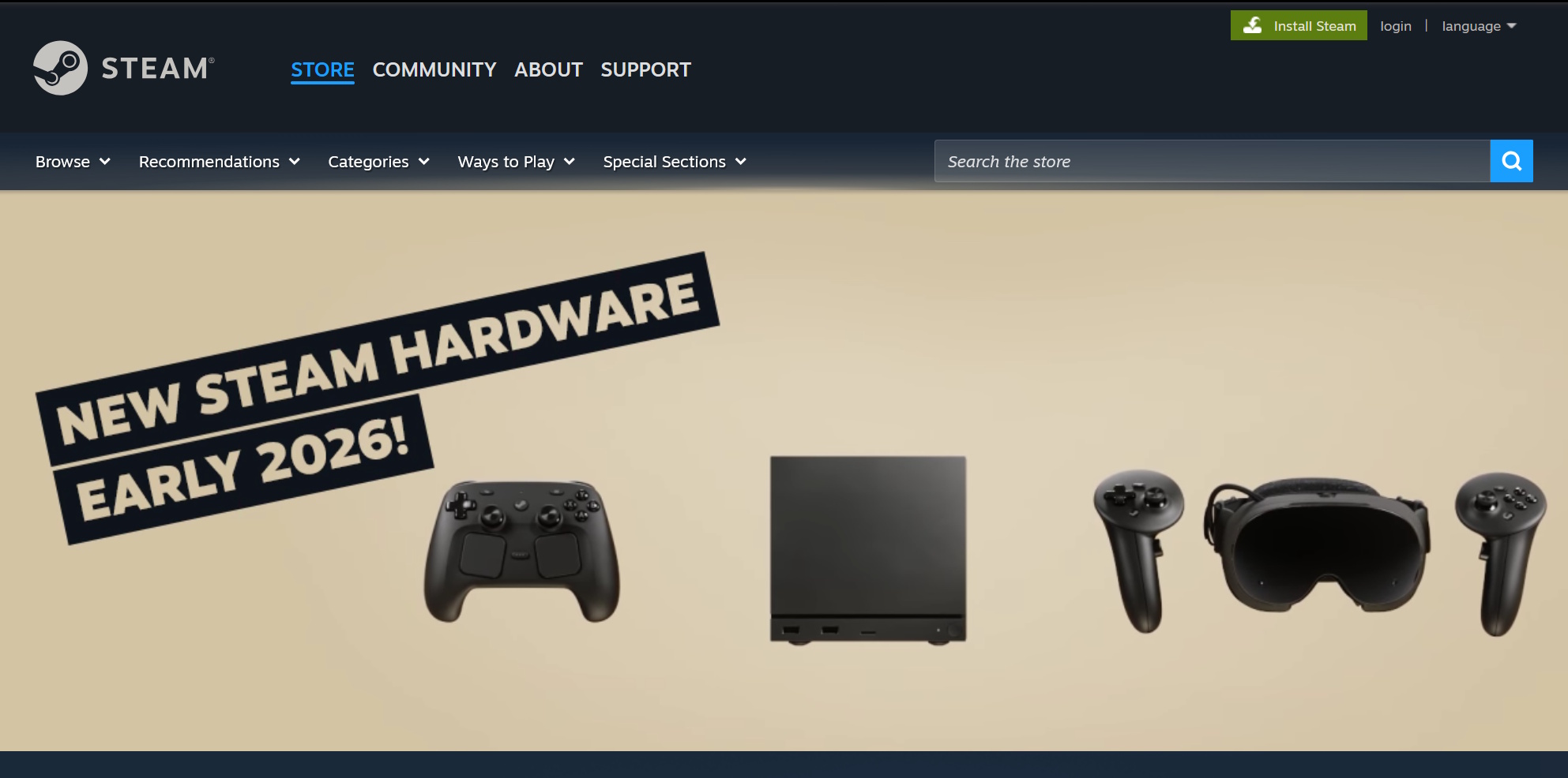 Steam front page featuring new Steam hardware for early 2026
