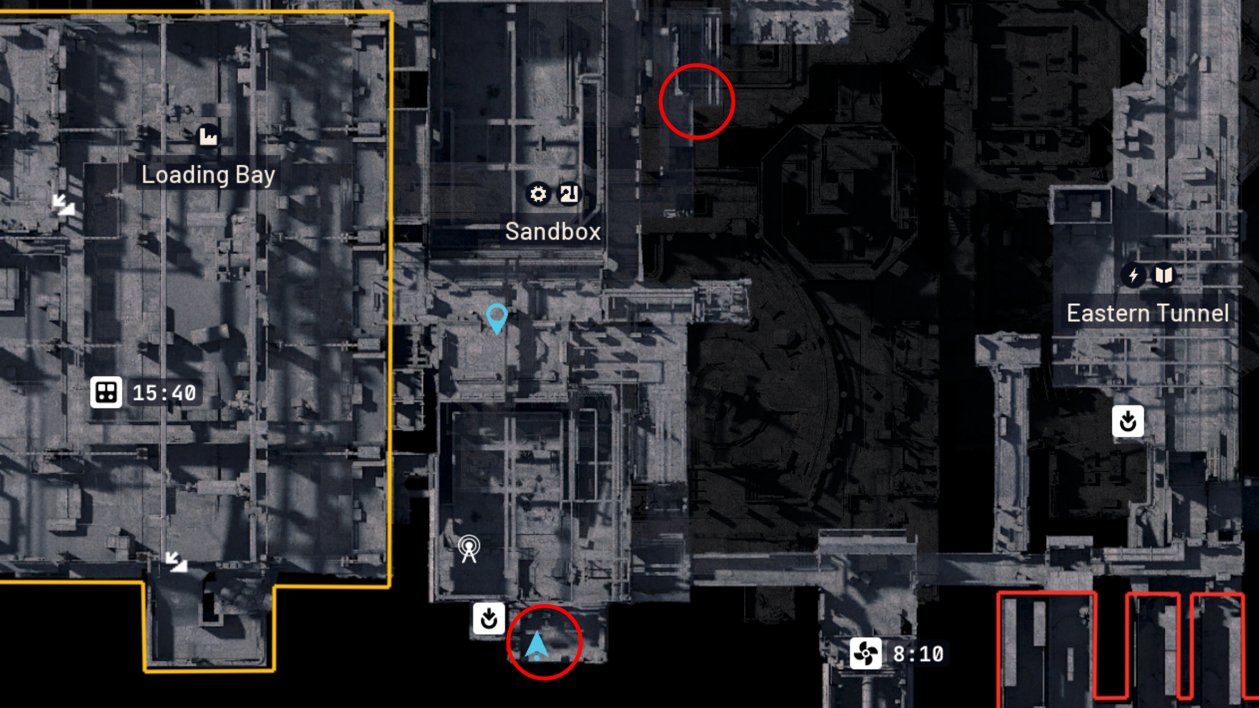 Arc Raiders Fragmented Logs: A map with two red circles highlighting locations in Sandbox.