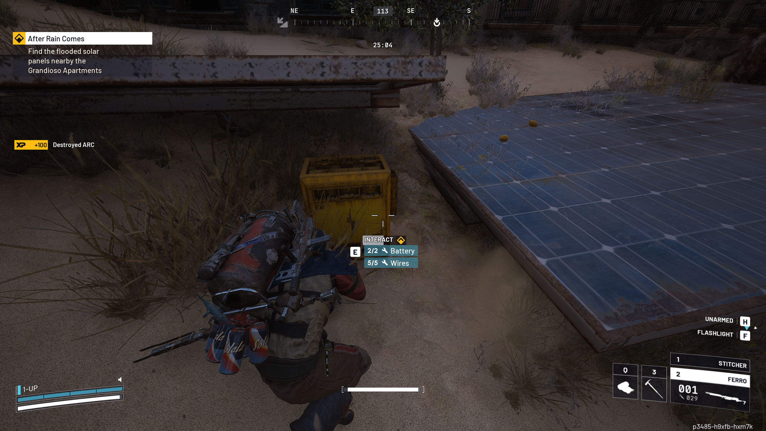 Arc Raiders After Rain Comes: A player interacting with a yellow electrical box next to solar panels.