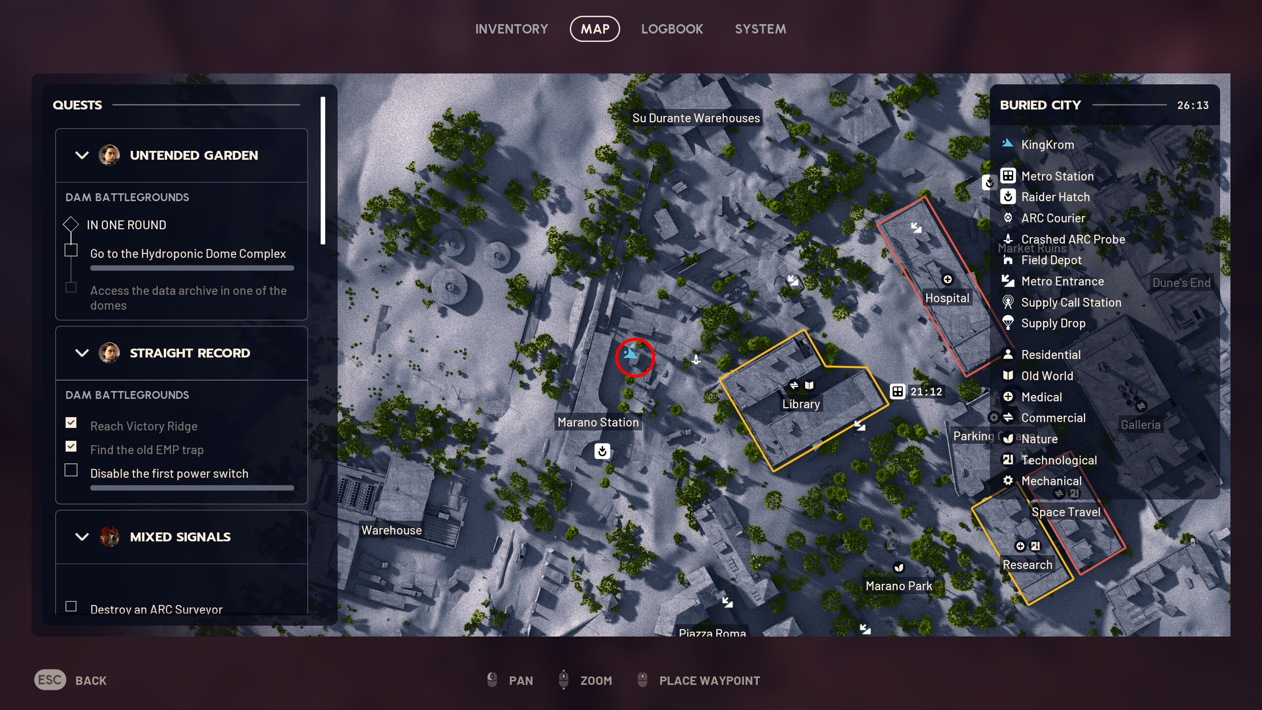 Arc Raiders Market Correction: A map with a red circle marking the location of the Marano Station cache.