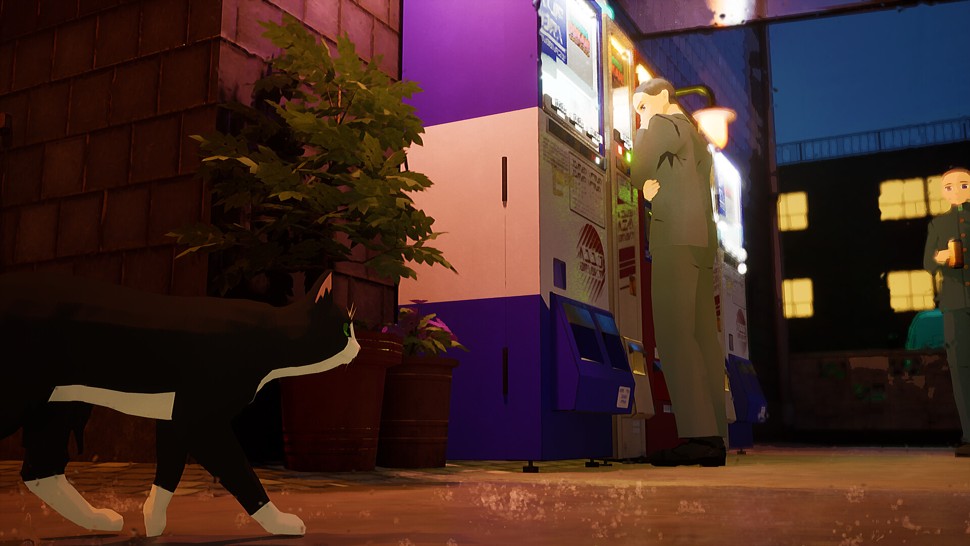 A cat walking past an alleyway in Vending Dokan!: Kozy Kiosk