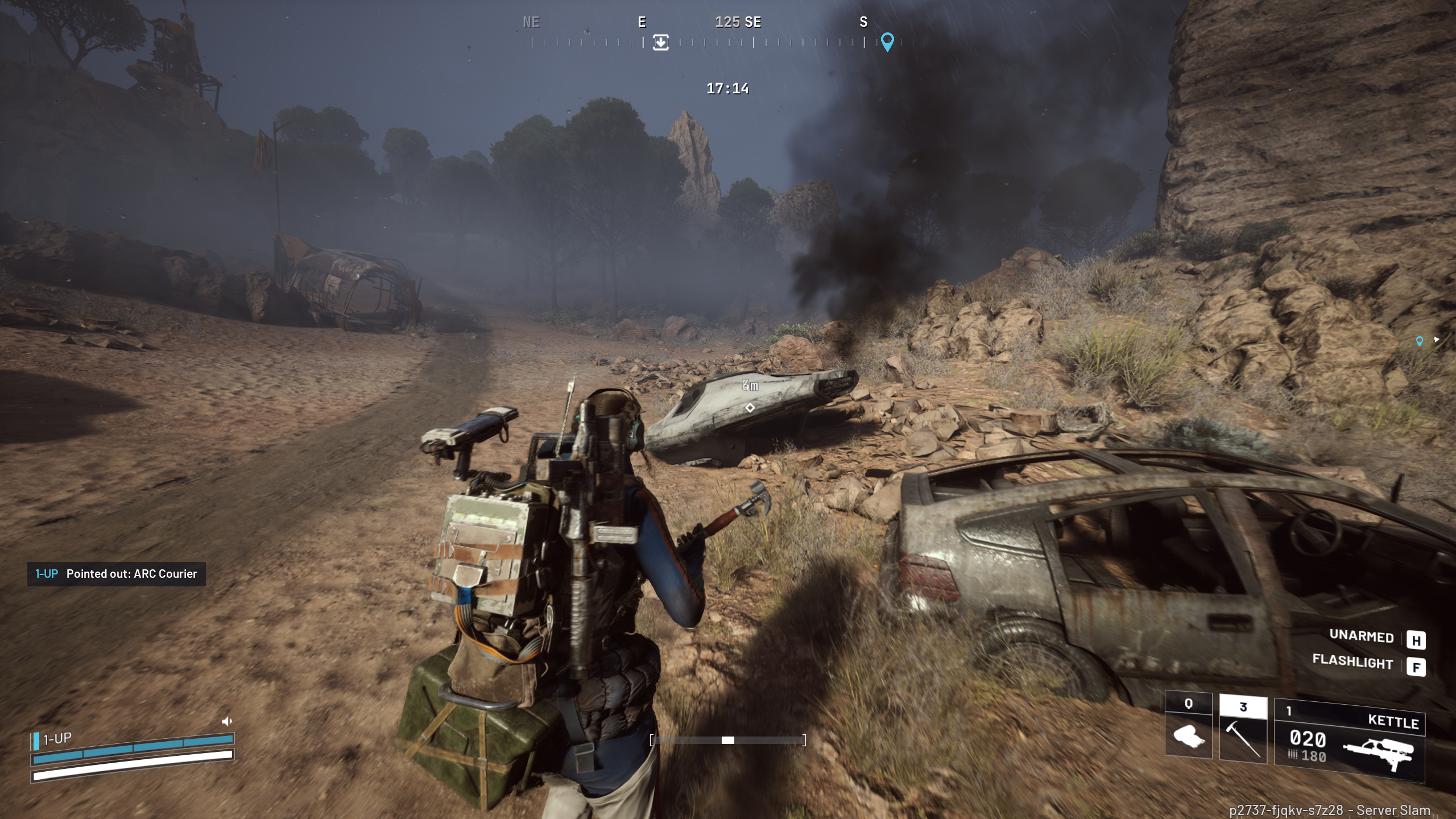 Arc Raiders Sentinel locations: A player walking towards an Arc Courier on the side of a dusty path, next to a rusty car.