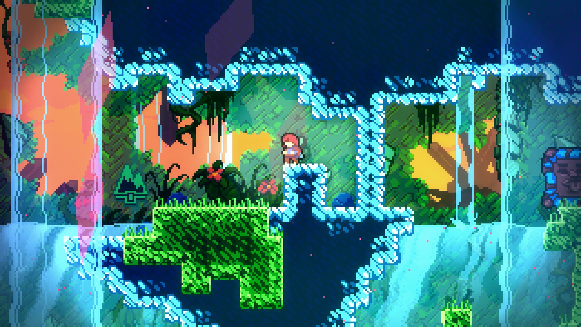 A colorful glitchy rift appears in platformer Celeste