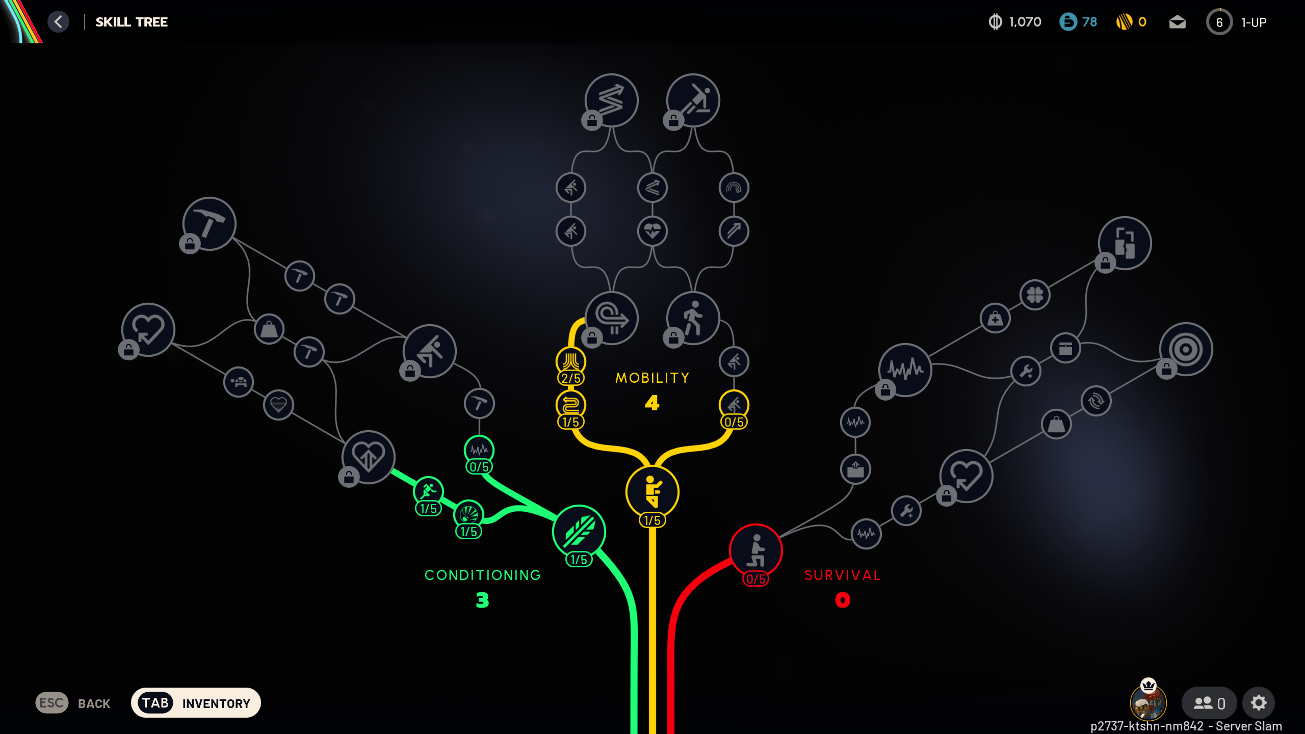 Best Arc Raiders skills: A full view of the raider skill tree with various points invested into the Conditioning and Mobility trees.