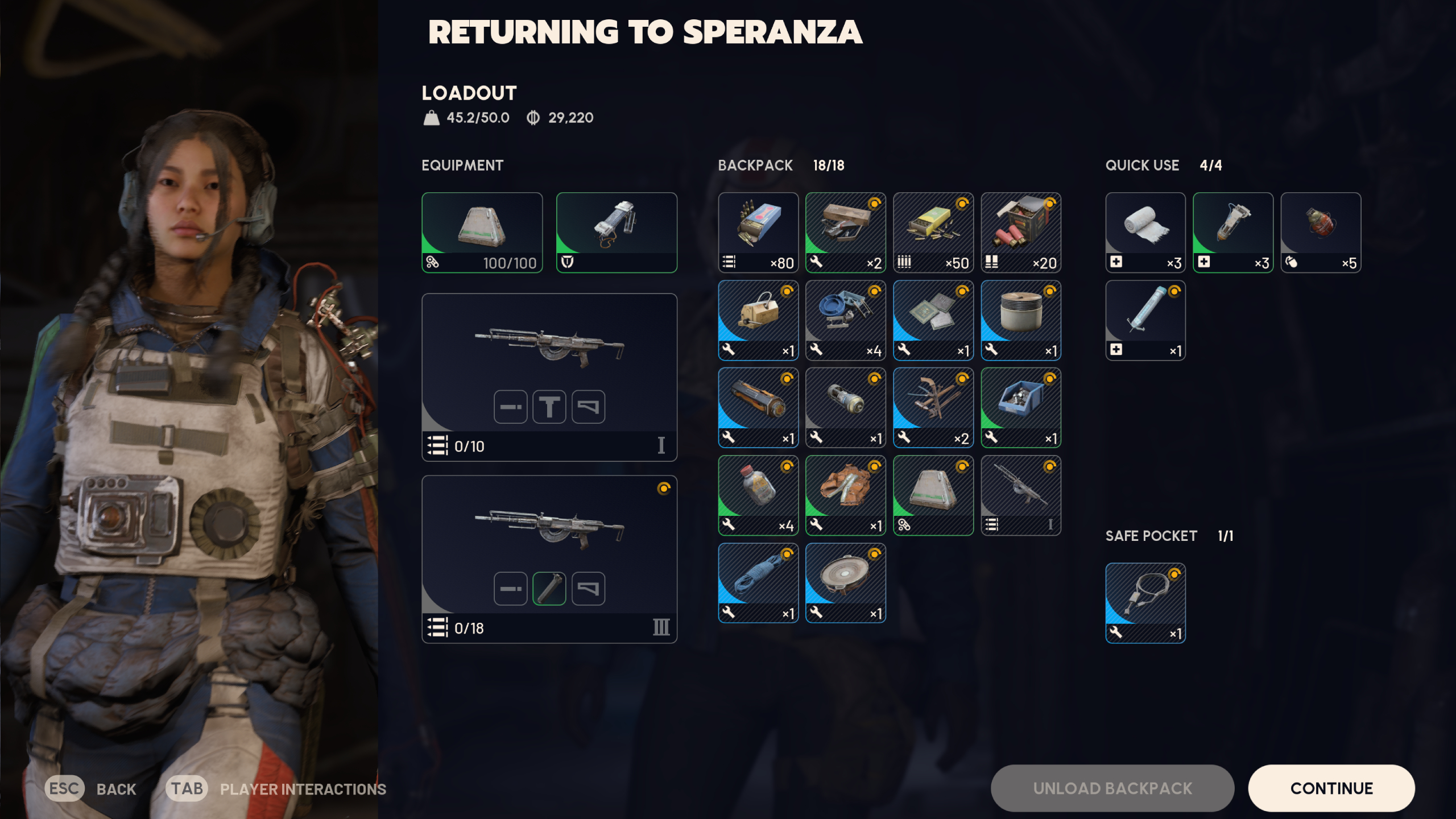 Arc Raiders: The end-of-match overview screen showing the loot the player has extracted with, and the unload backpack option in the bottom right.