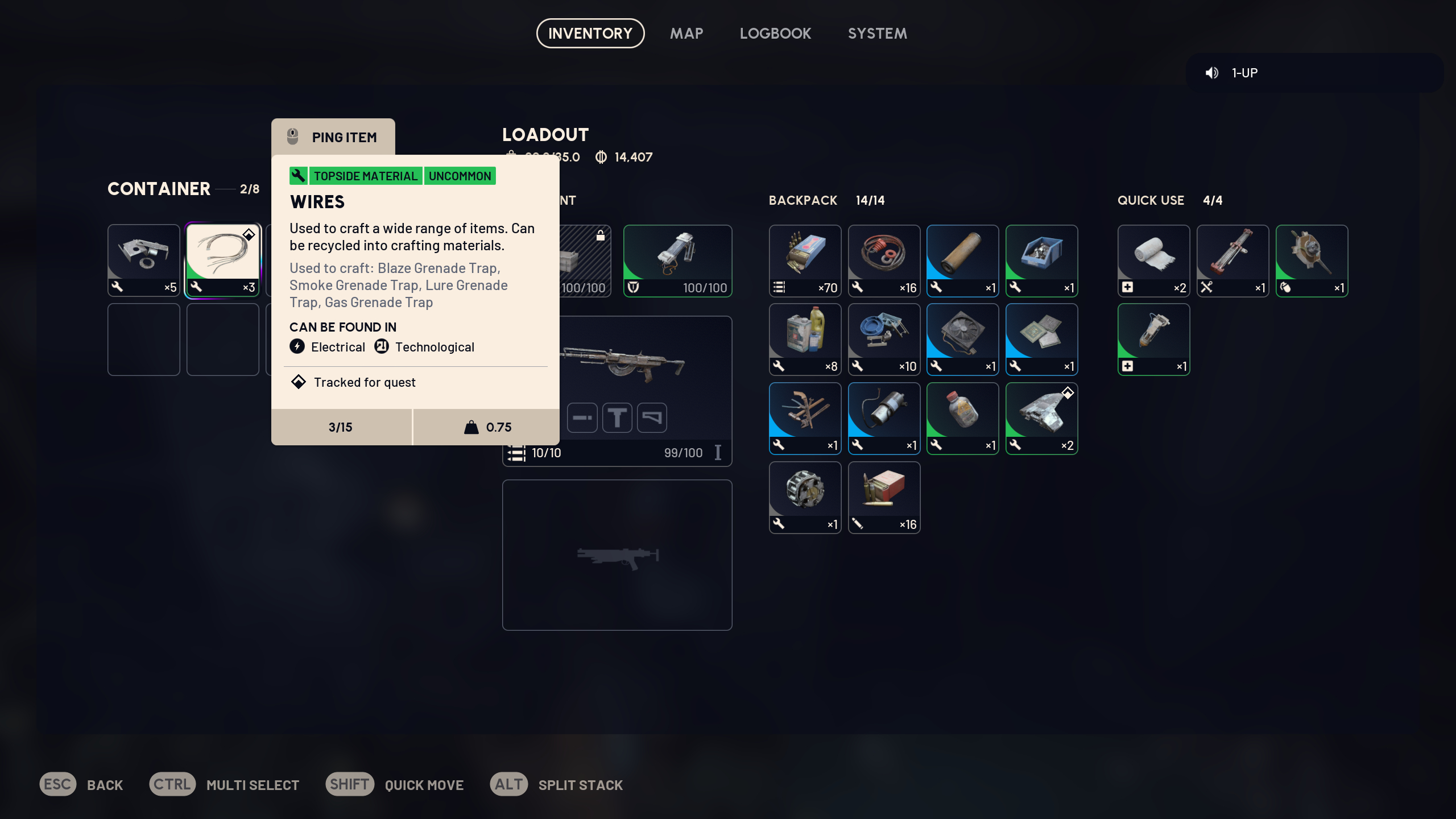 Arc Raiders: Inspecting wires in the player's inventory, giving a description of what the item is, what it's used for, and where you can find them.