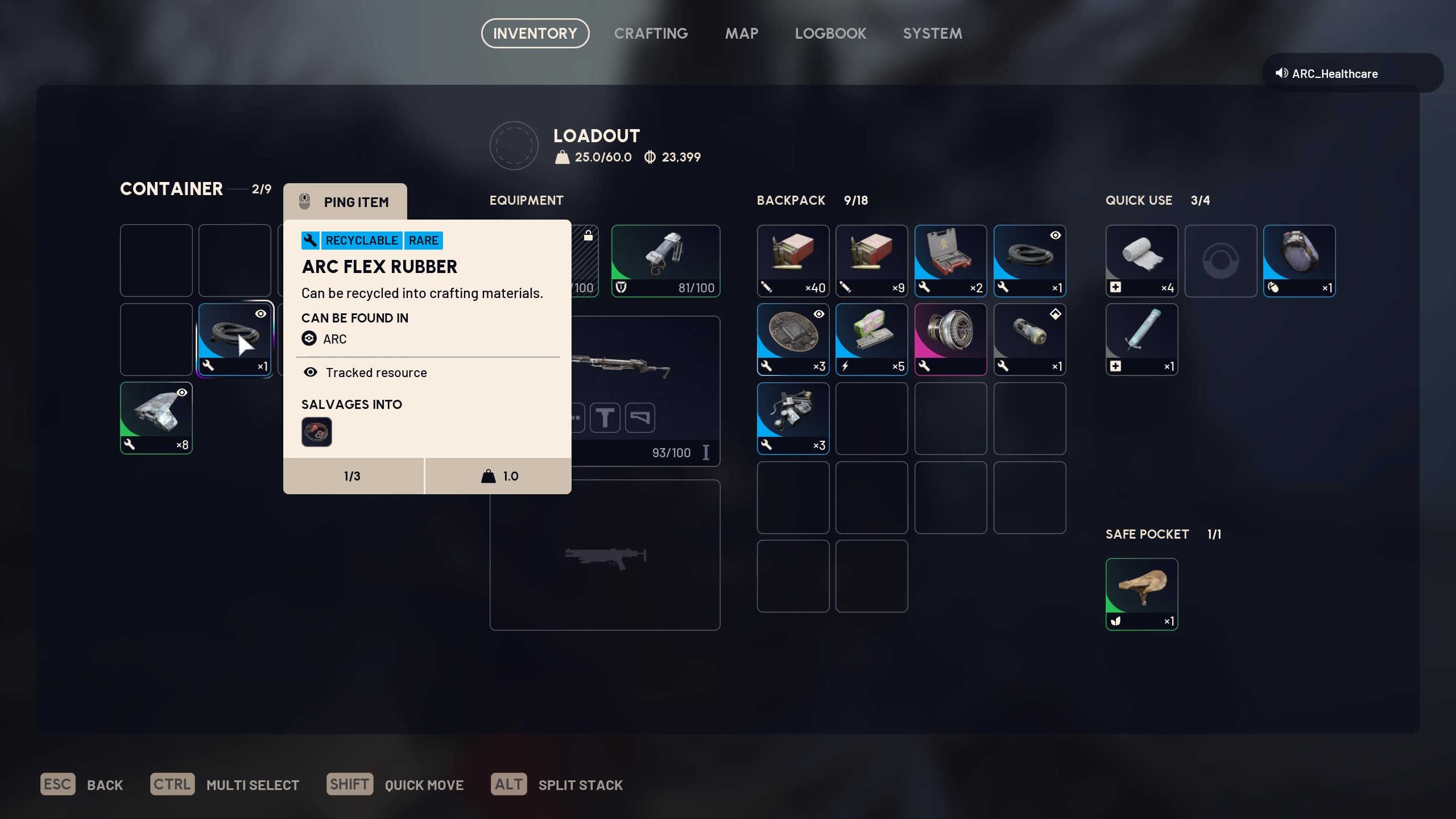 Arc Raiders Arc Flex Rubber: Arc Flex Rubber viewed in a player's inventory.