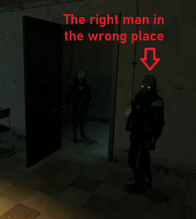 A metrocop from Half-Life 2 stands adjacent to an open door. A caption reads,
