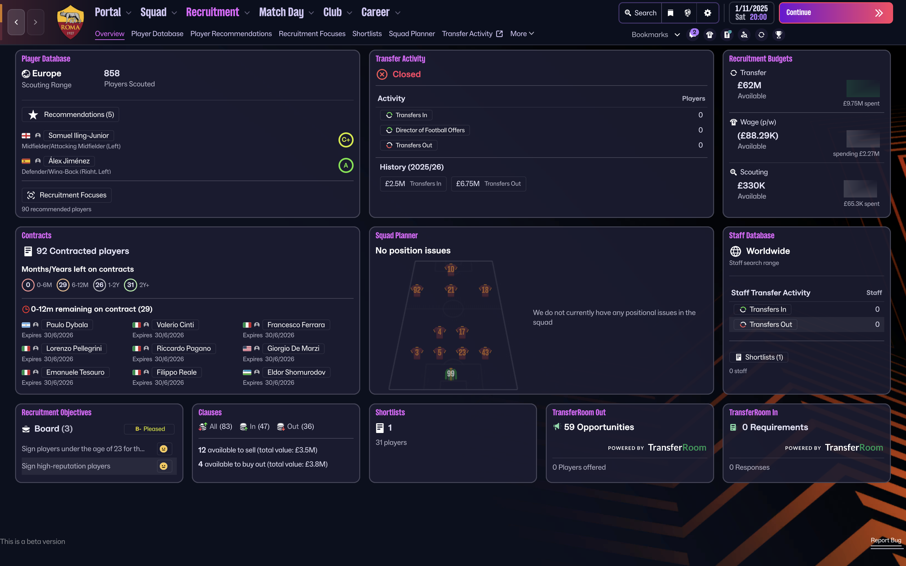 The recruitment overview screen
