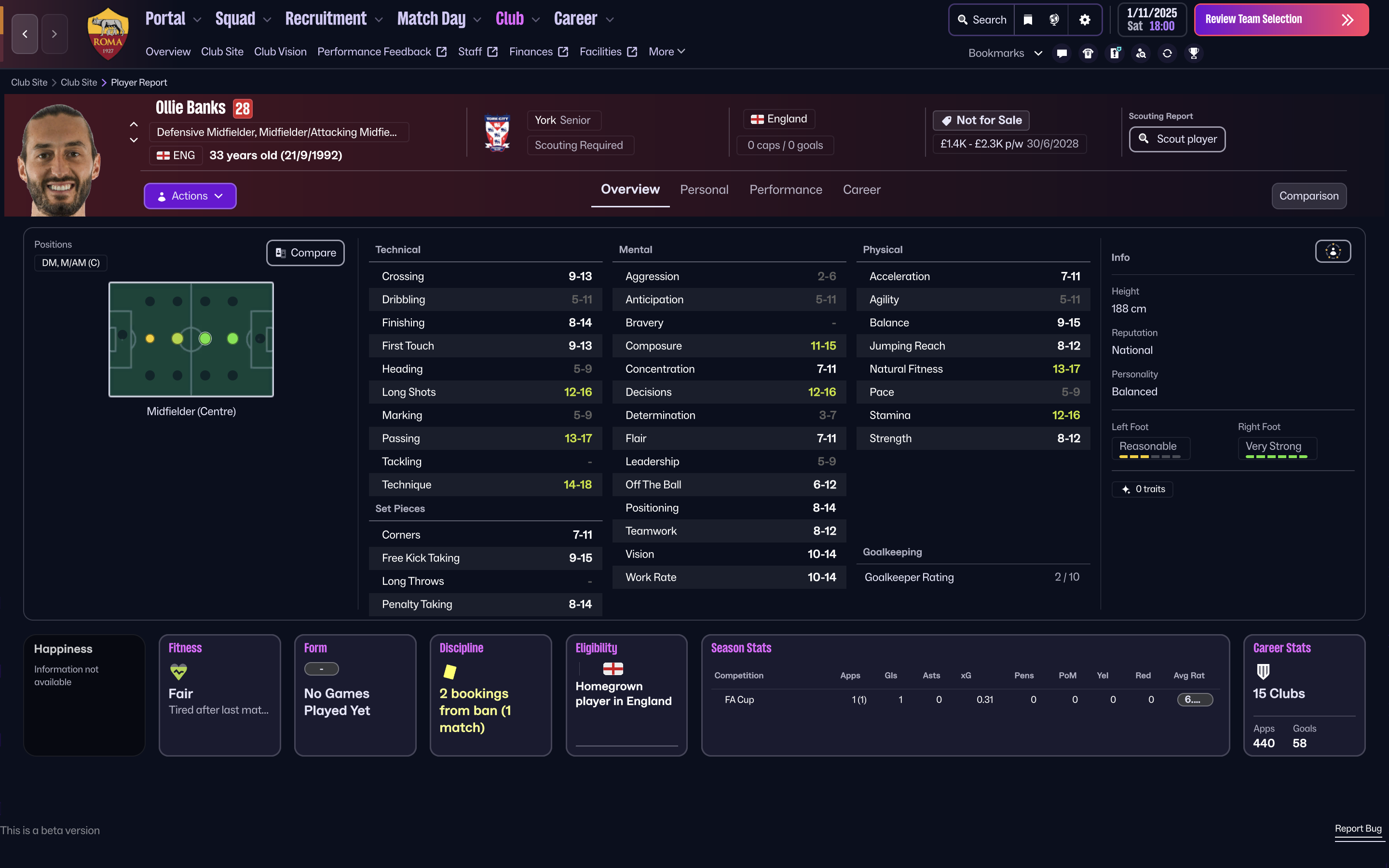 Player report for Ollie Banks