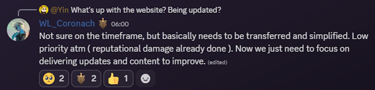 Not sure on the timeframe, but basically needs to be transferred and simplified. Low priority ATM (reputational damage already done). Now we just need to focus on delivering updates and content to improve.