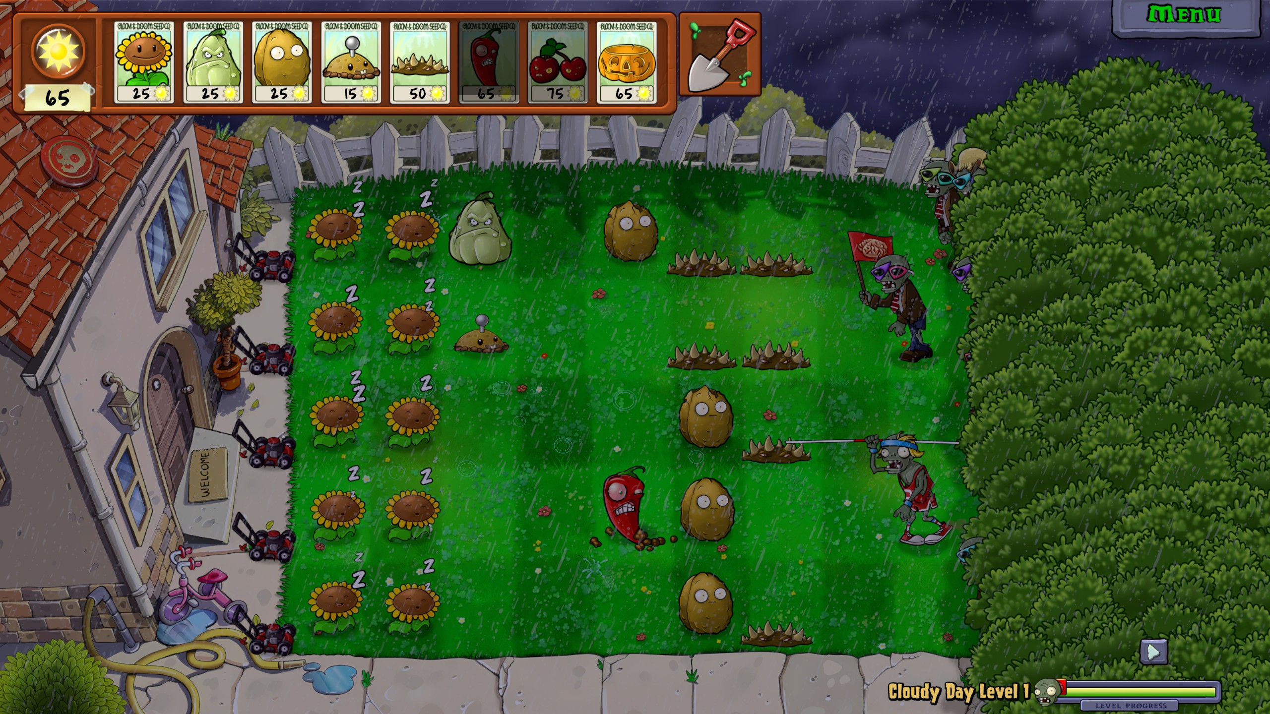 Plants fighting zombies on a lawn while it rains