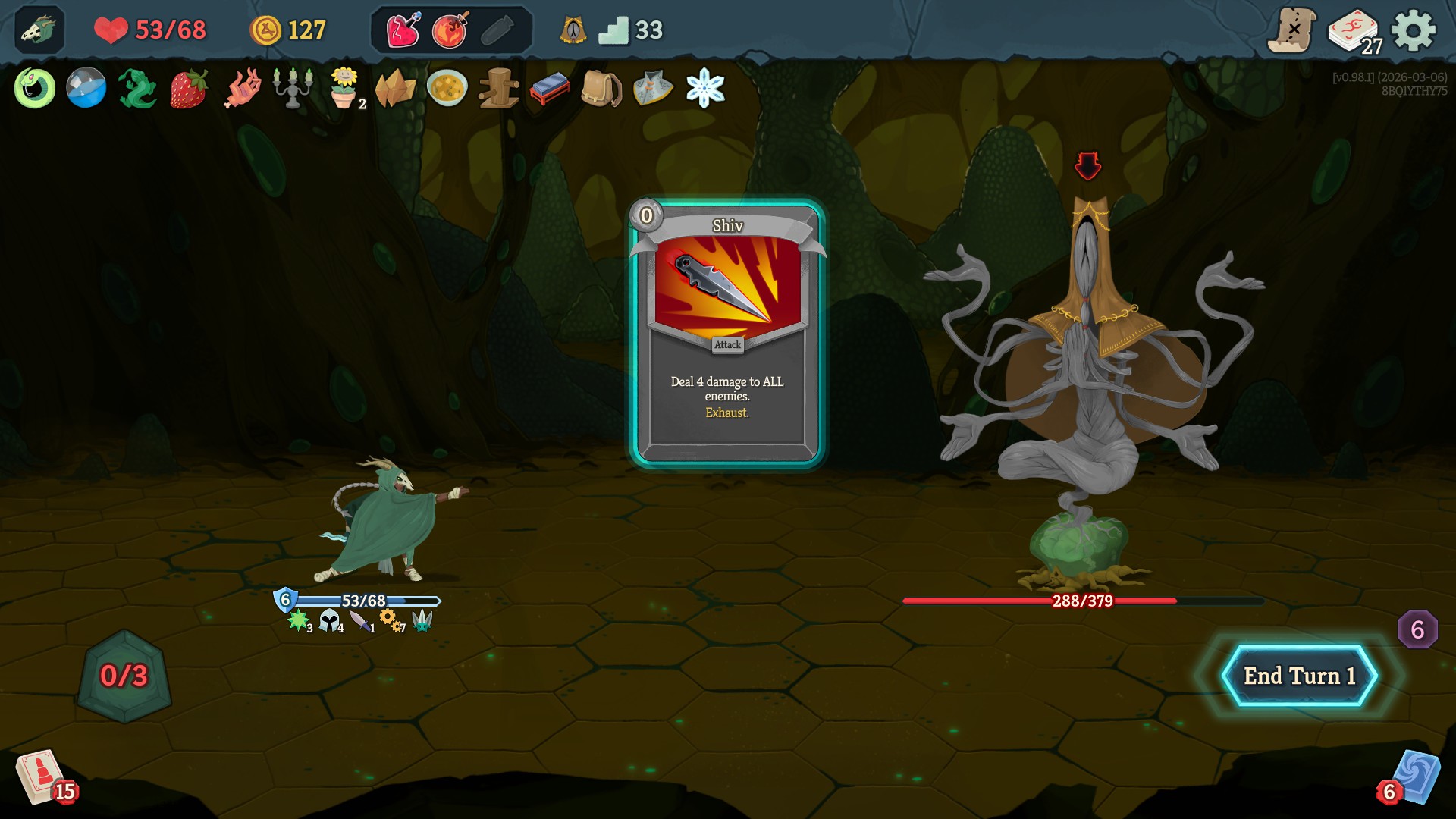 The Silent playing an attack against a boss in Slay the Spire 2.