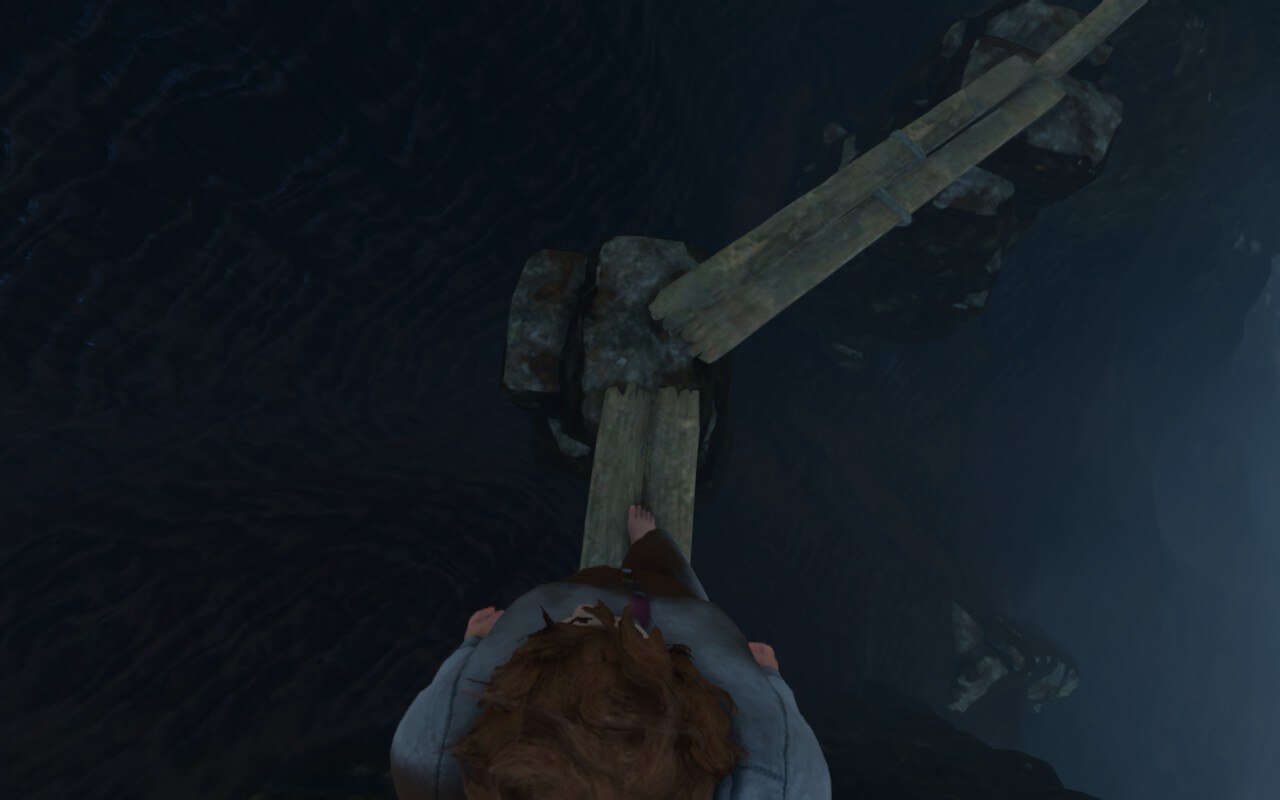 A man balancing on a precarious bridge made of thin wooden planks