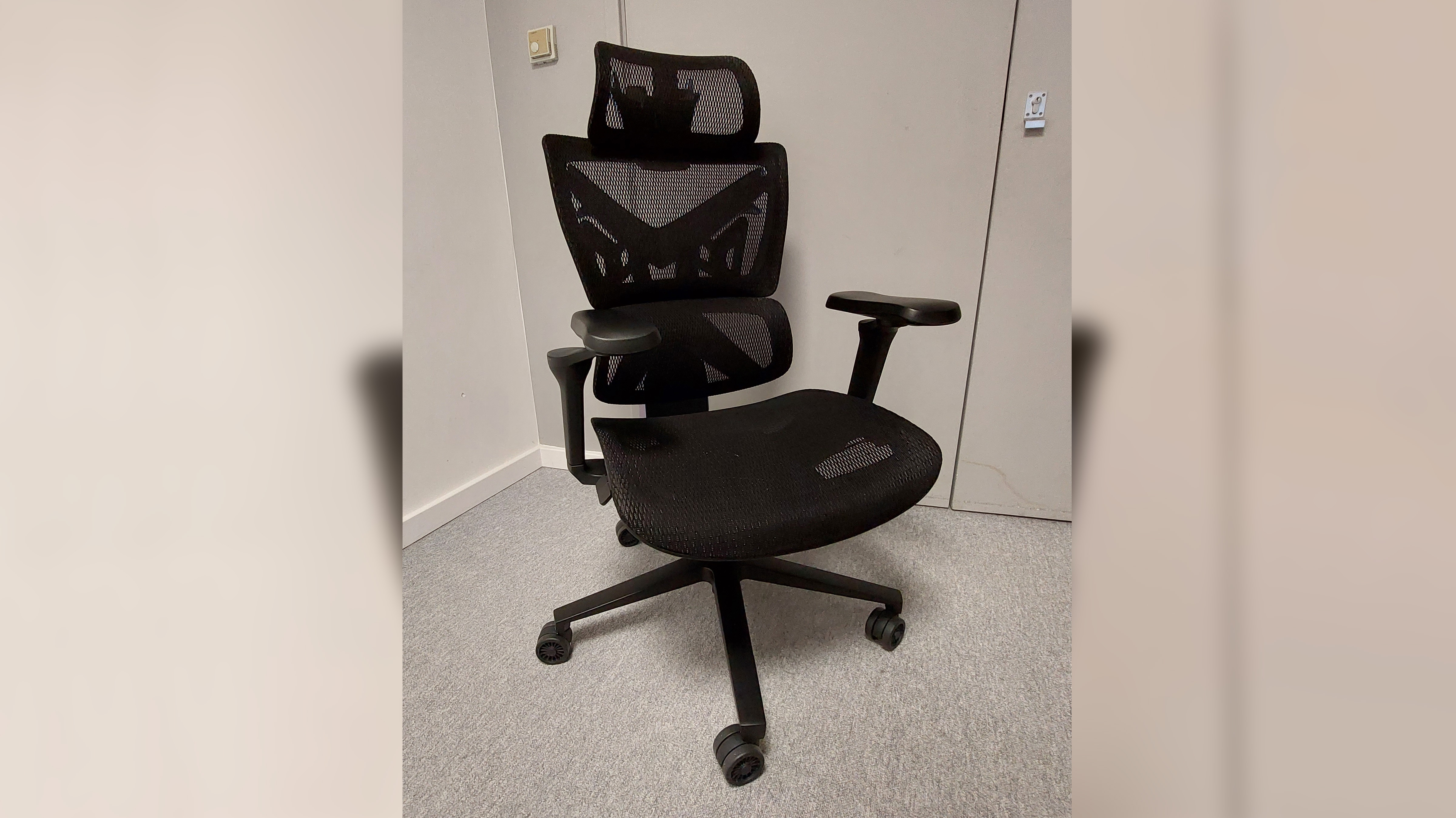 The entirety of the AndaSeat X-Air Pro Mesh Office Gaming Chair is in frame. We see the chair from the front, the hefty plastic backframe almost entirely obscured save for the silhouette that can be seen through the mesh. From this front view, this looks like a regular office chair.