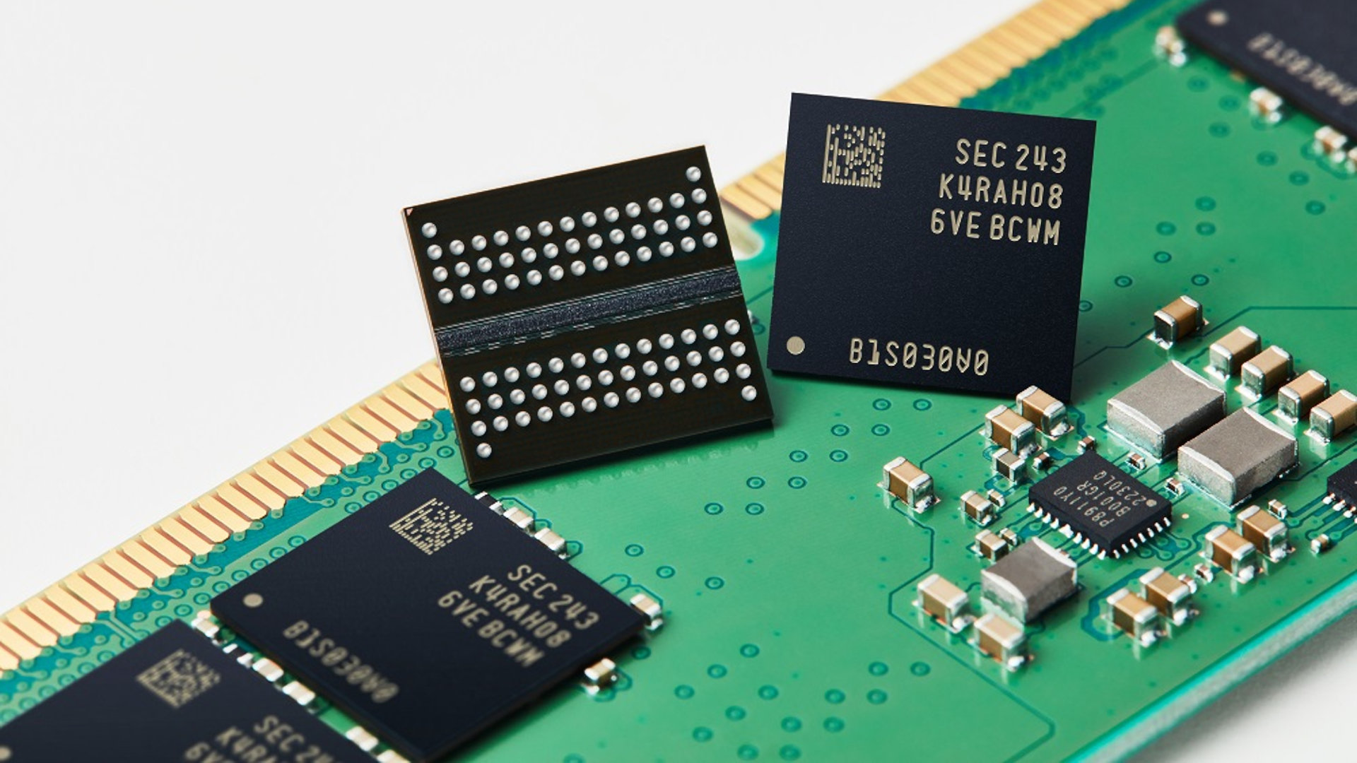 A promotional image for Samsung's 12 nm-class DDR5-DRAM production, showing multiple DRAM modules on a UDIMM circuit board.