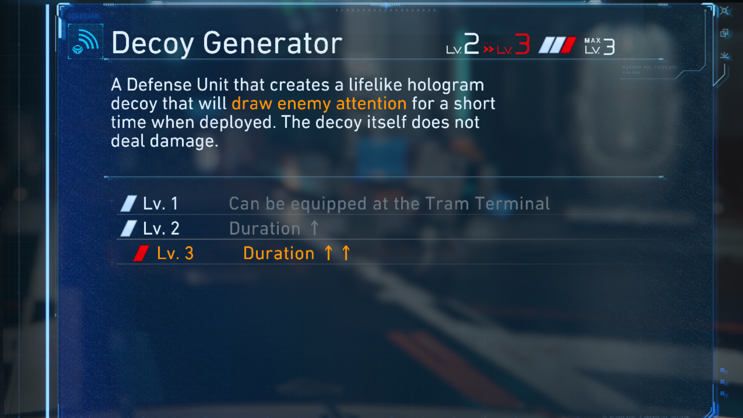 Pragmata weapons: The Decoy Generator viewed in the upgrade screen, giving a brief description of the gun and what's improved at each level.