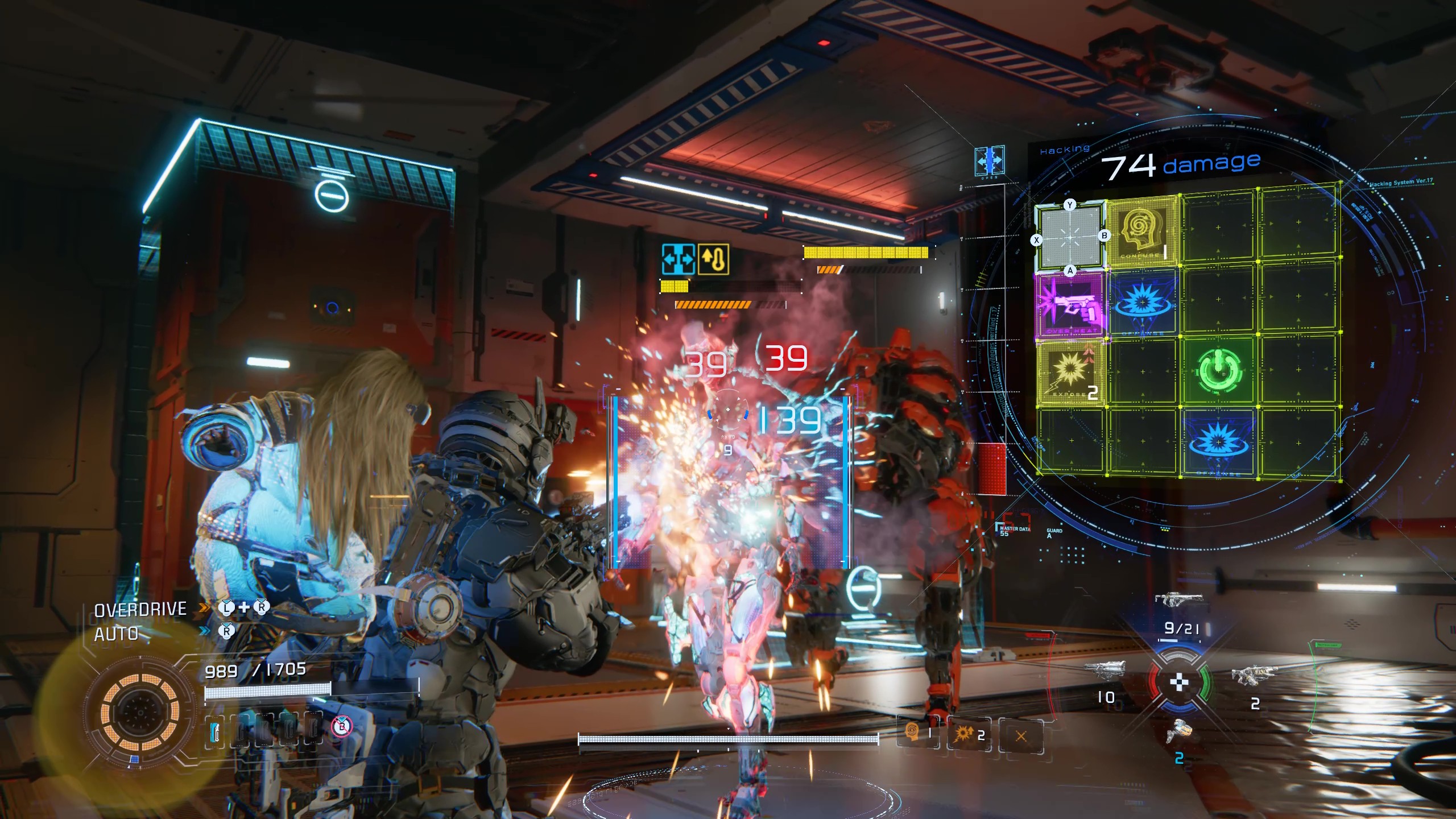 Pragmata weapons: A player aiming the Pulse Cambine at a robot while hacking them.