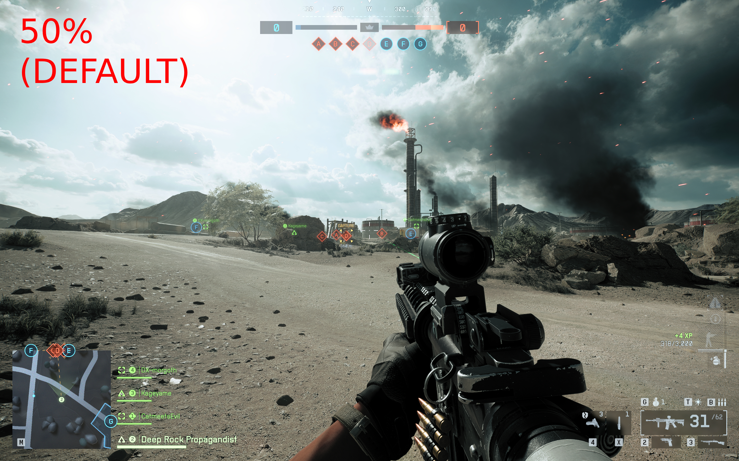 Battlefield 6 world brightness: A first-person image of a player looking at the horizon on the Operation Firestorm map, with world brightness set to 50.