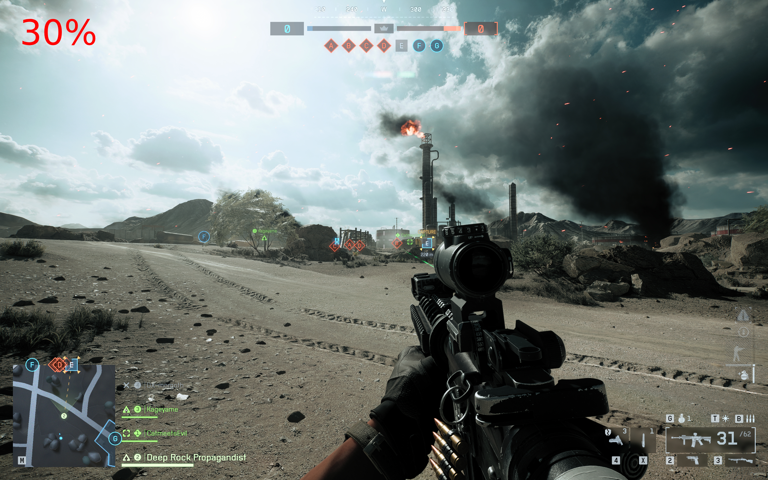 Battlefield 6 world brightness: A first-person image of a player looking at the horizon on the Operation Firestorm map, with world brightness set to 30.