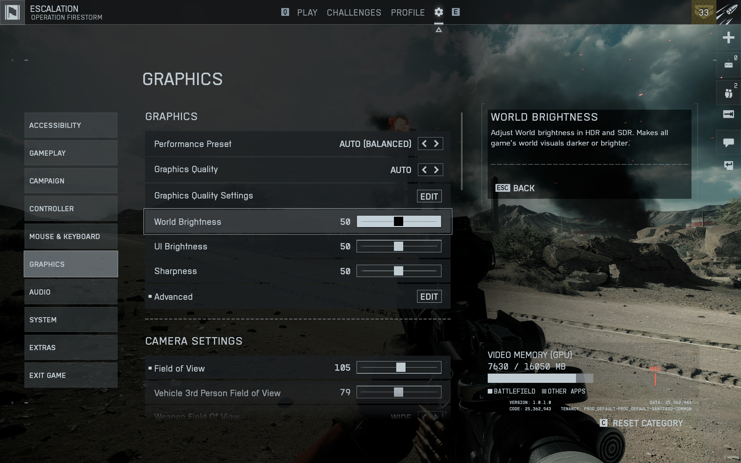 Battlefield 6 world brightness: The world brightness option in the graphic settings menu.