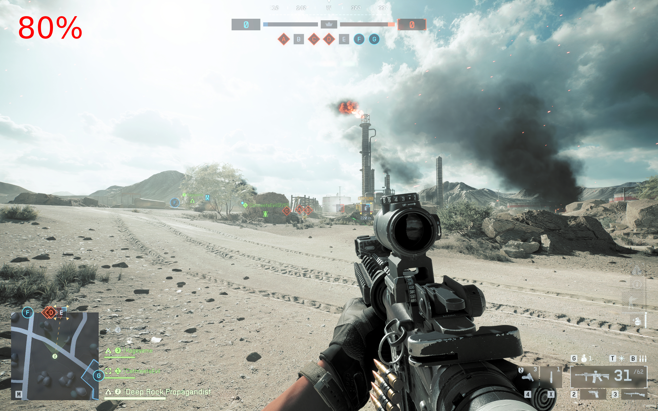 Battlefield 6 world brightness: A first-person image of a player looking at the horizon on the Operation Firestorm map, with world brightness set to 80.