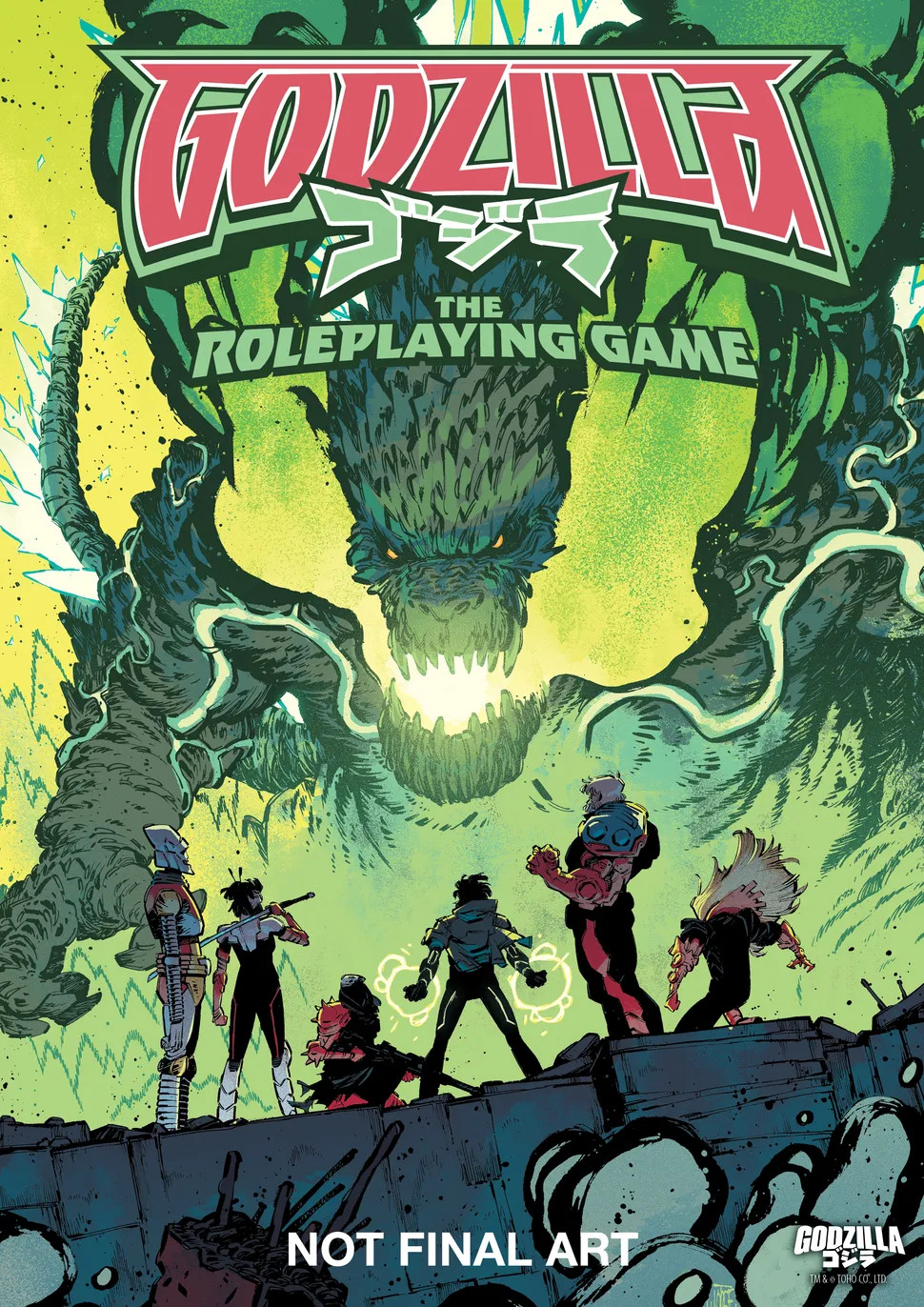 The cover of the Godzilla roleplaying game, showing Godzilla looming down over a group of superheroes.