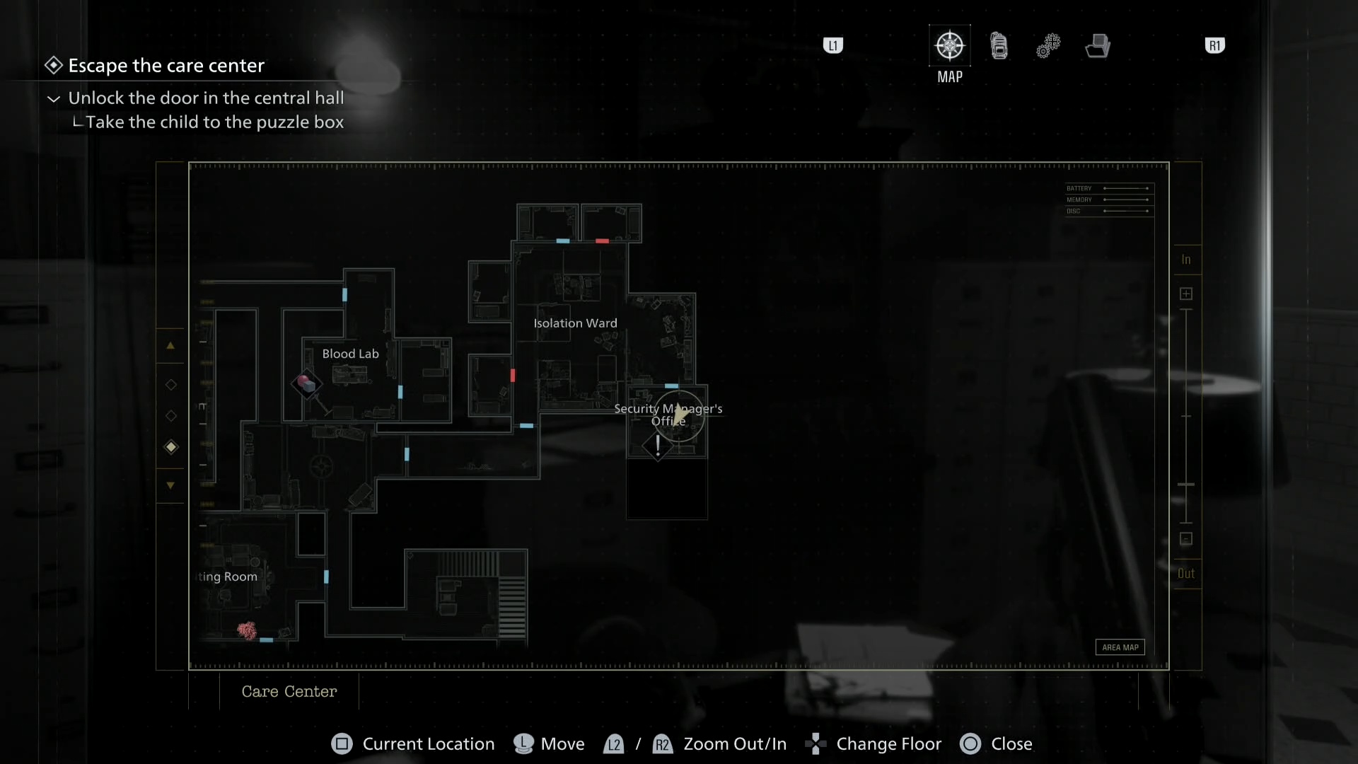 Resident Evil Requiem map showing the security manager's office location