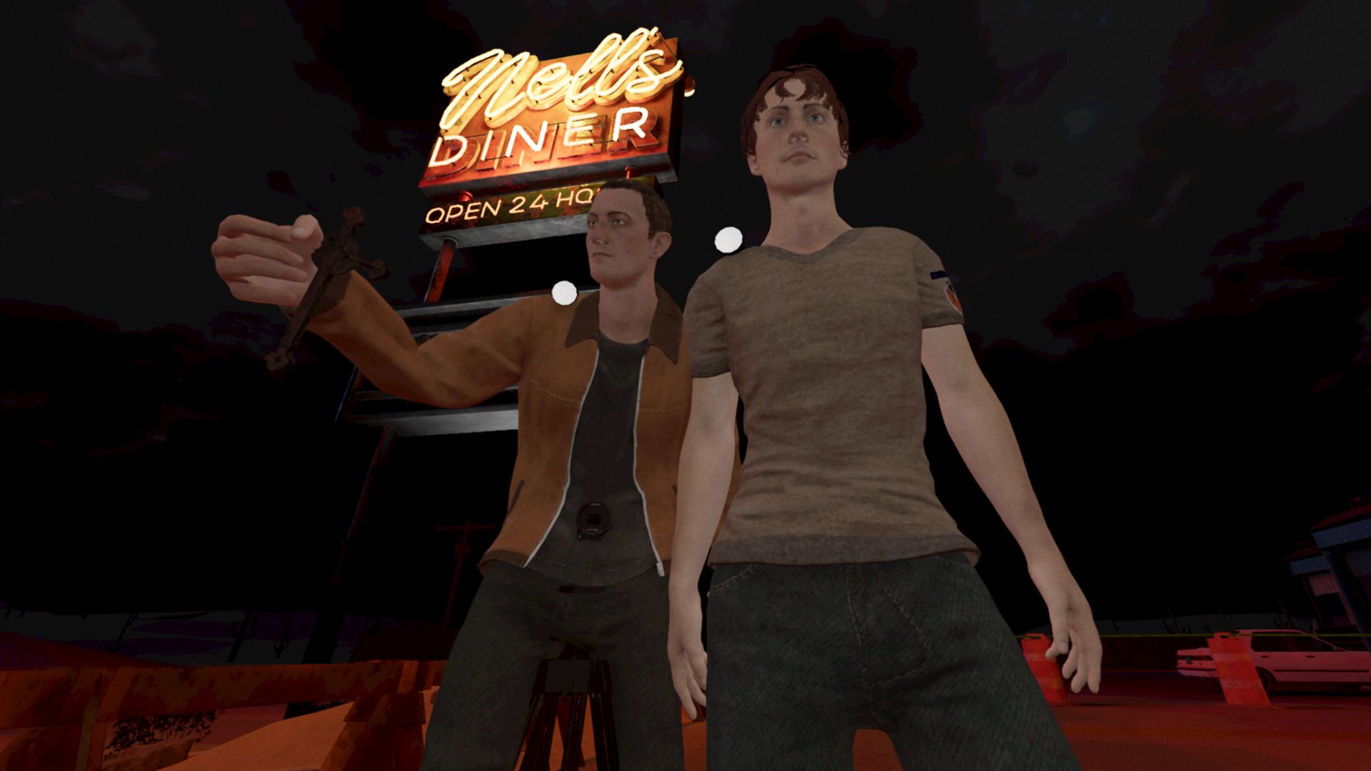 Two Phasmophobia players standing outside of the Nell's Diner map sign as it glows in the dark