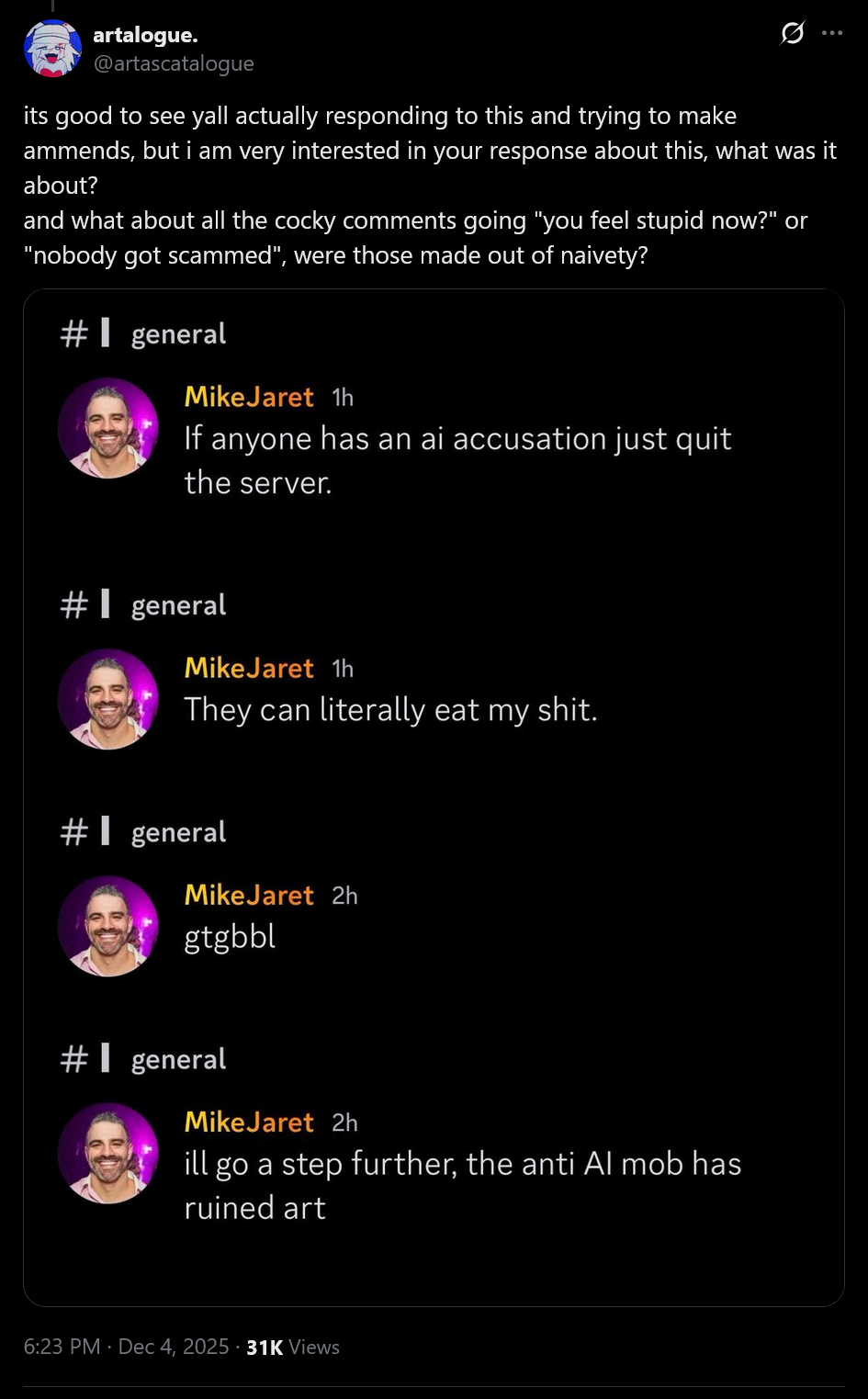 its good to see yall actually responding to this and trying to make ammends, but i am very interested in your response about this, what was it about?and what about all the cocky comments going 