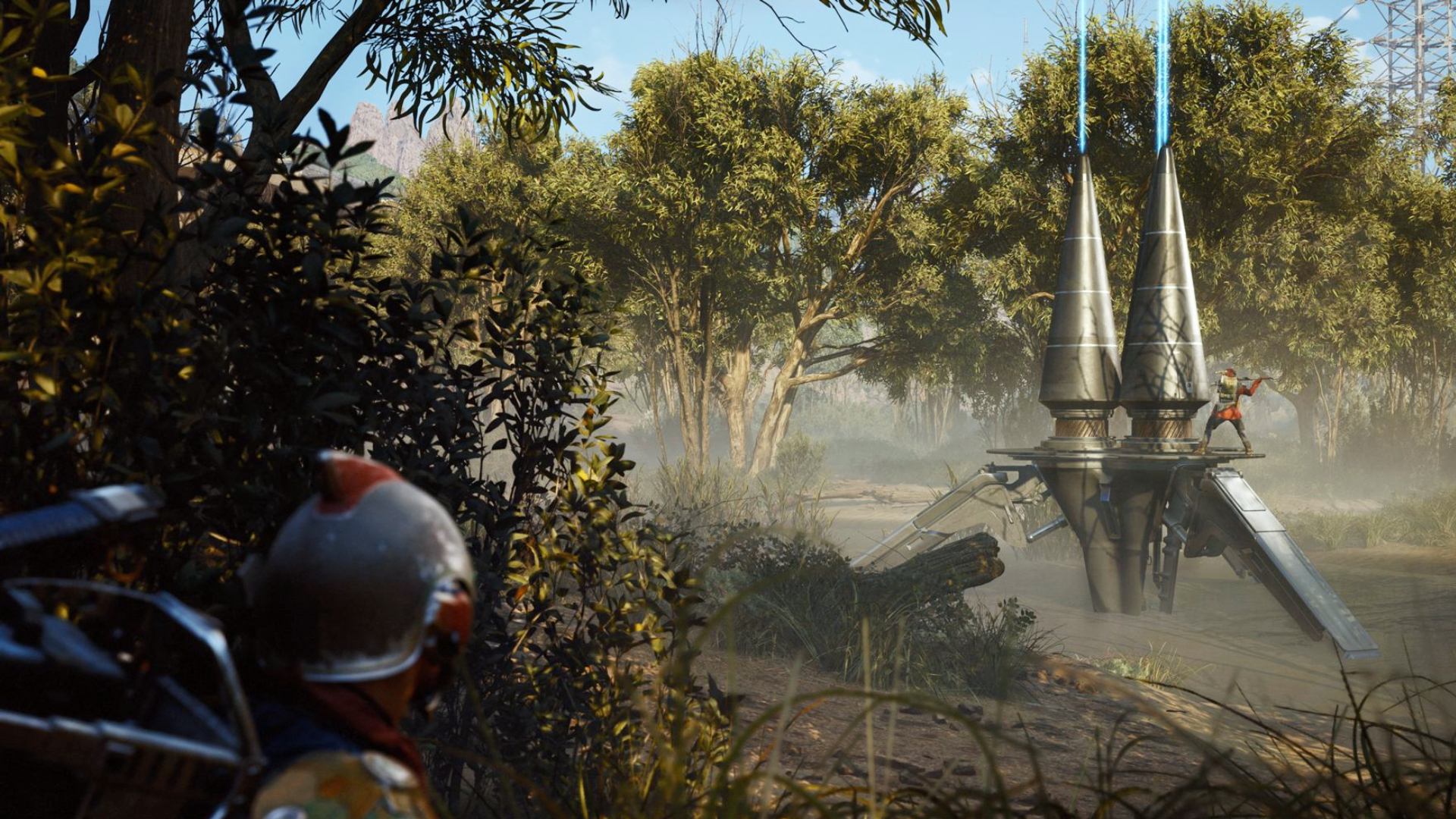 Arc Raiders Flashpoint: A raider hiding in a bush in the foreground on the left, while another player opens the Assessor in the background.