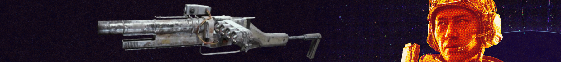 Arc Raiders best guns: A Hullcracker against a grainy purple background with a close-up of an orange-hued character's face on the right side.
