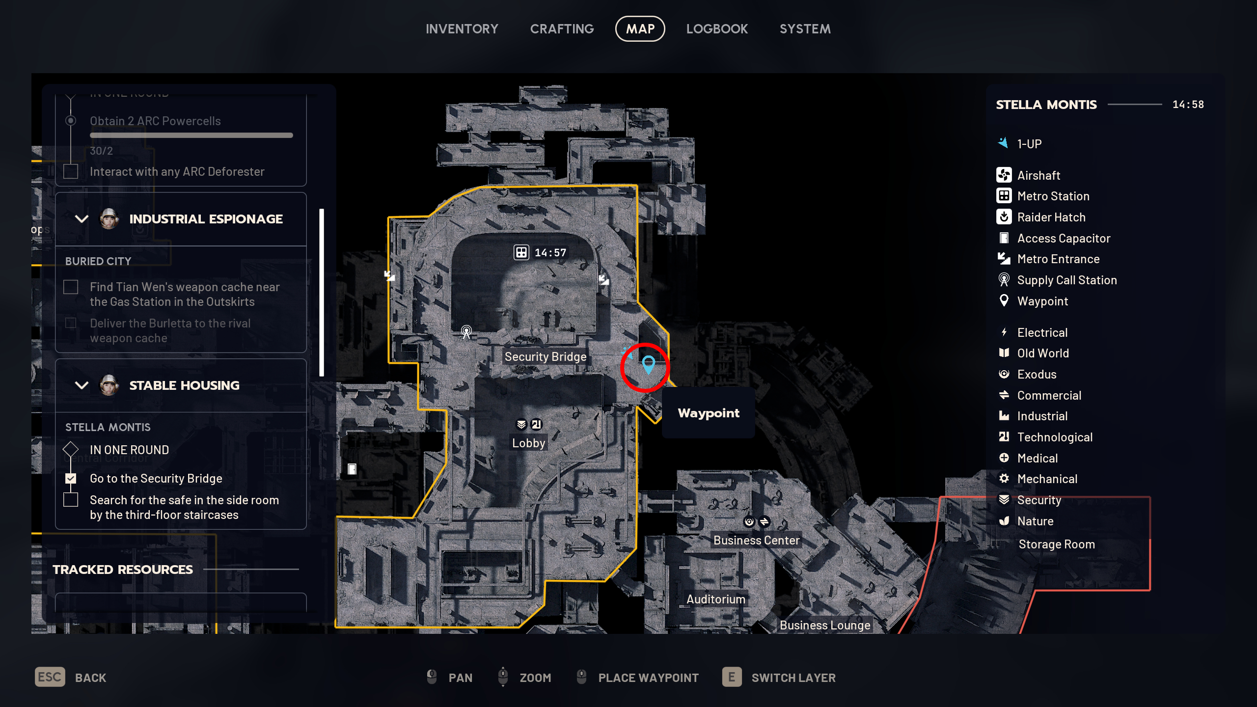 Arc Raiders Stable Housing: A map with a red circle highlighting the location of the Security Office in Security Bridge, Stella Montis.