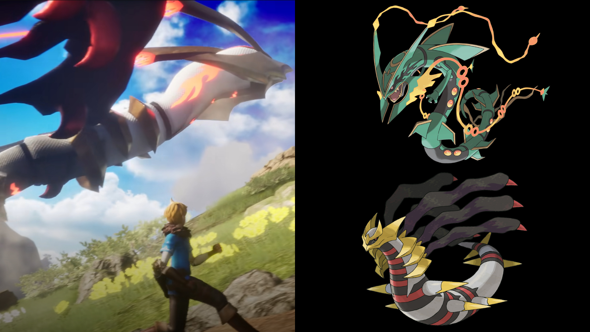 A large serpentlike Pickmon clearly based on Mega Rayquaza and Origin Forme Giratina.