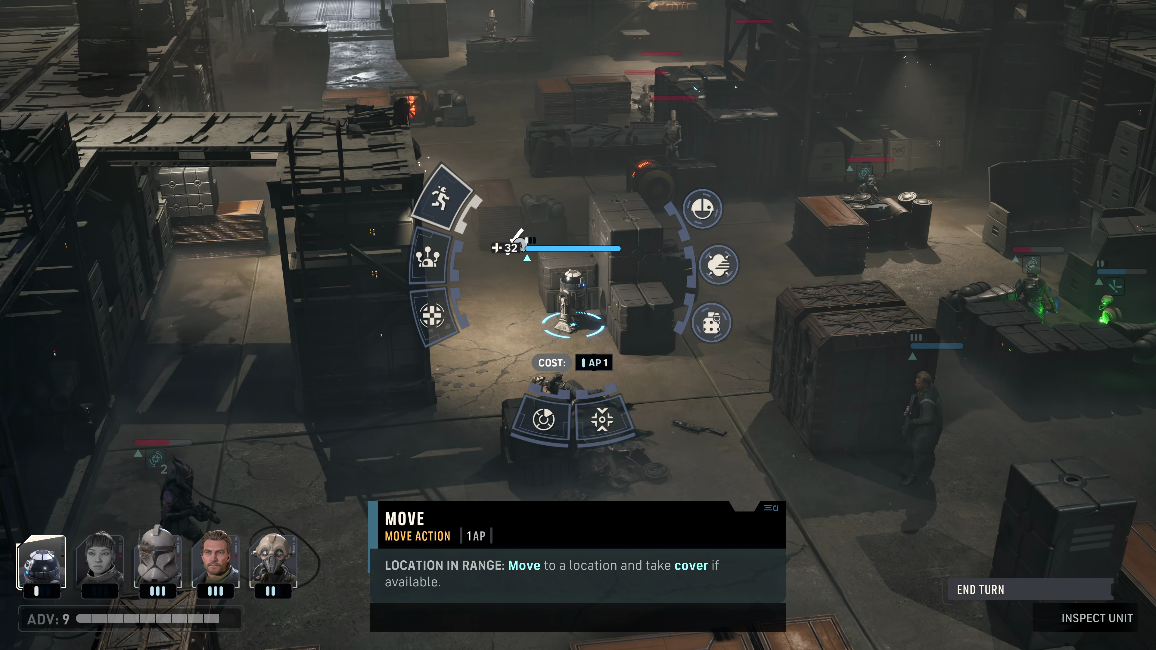 Zoomed out Zero Company gameplay showing Astromech droid and abilities.