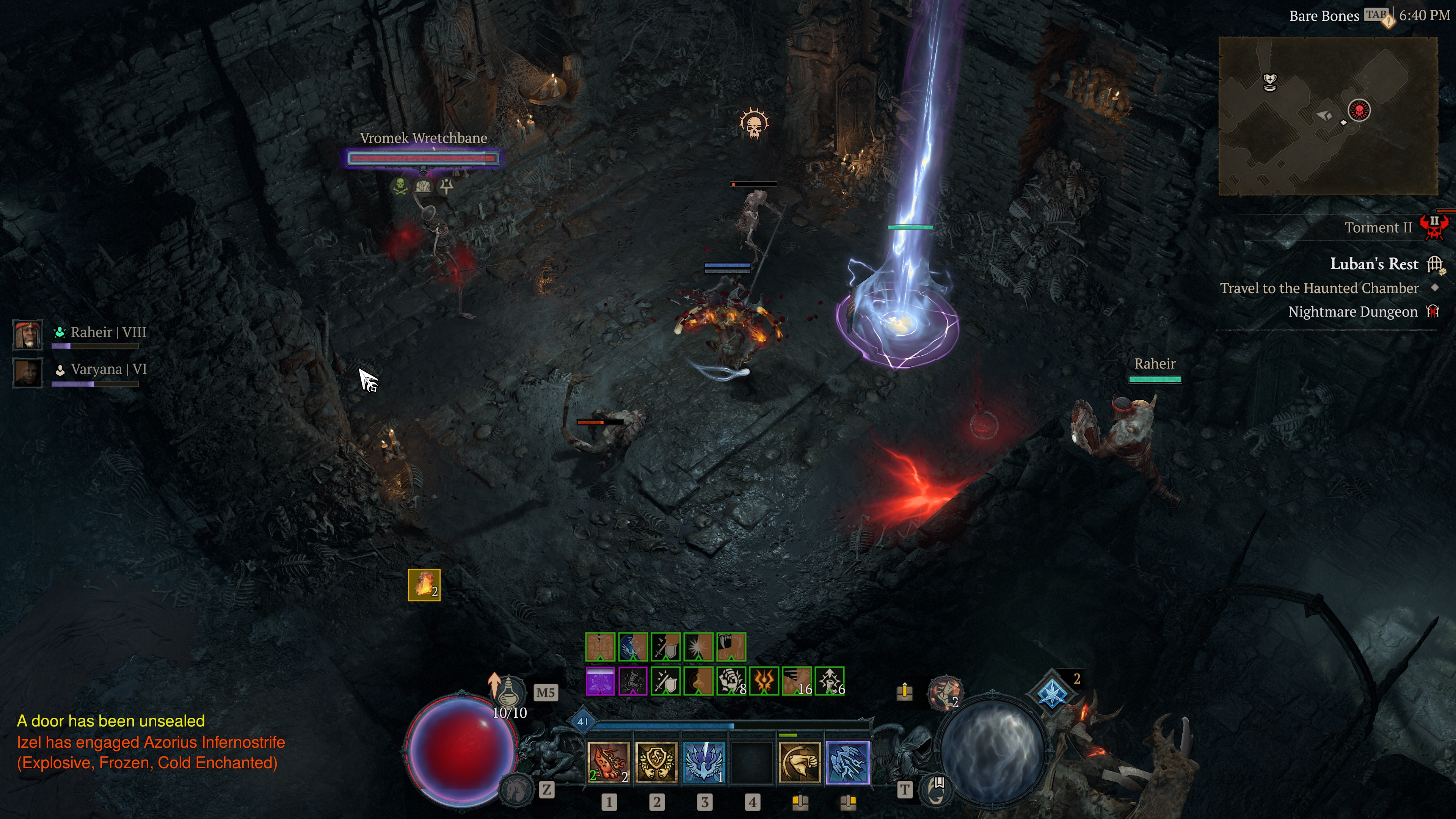 A Diablo 4 player deep in a dark dungeon environment fighting off monsters with a arcane magic