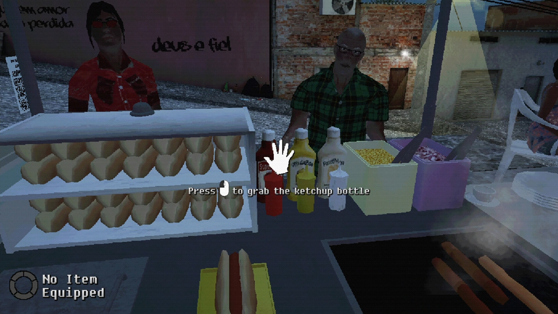 A screenshot from Serra de Deus showing a behind-the-counter view of a hotdog stand