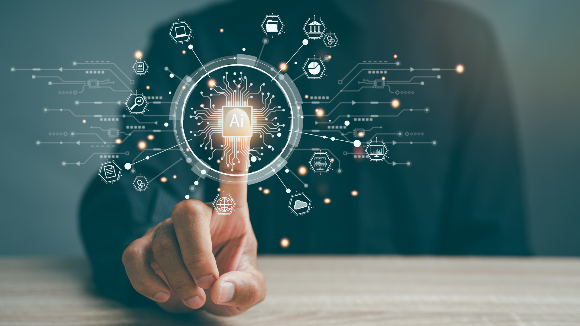 A stylized image of an unidentified person pressing a rendered 'AI button' in the air, with digital traces, icon, and other images surrounding the button.