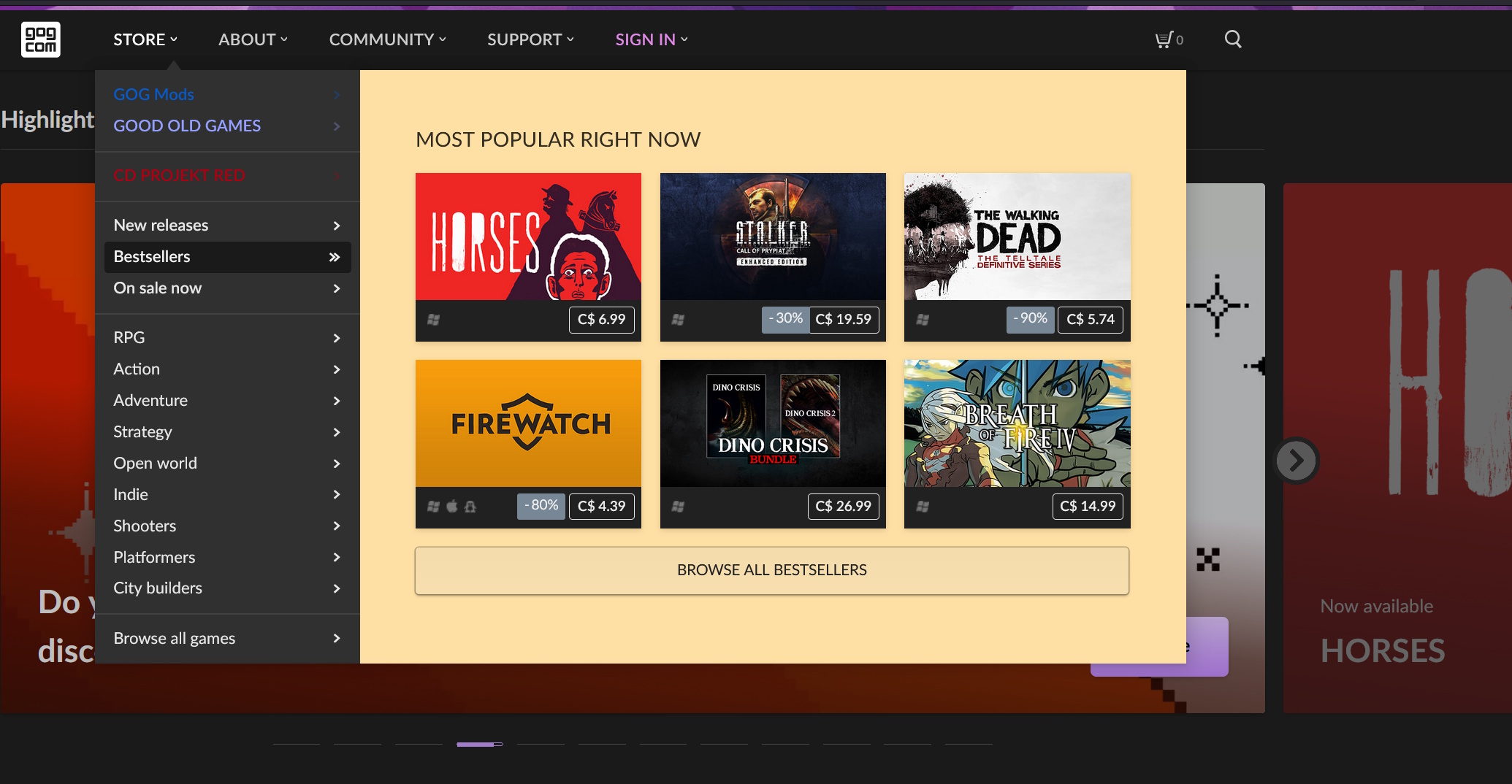 GOG page showing horses as the top selling new release on the storefront