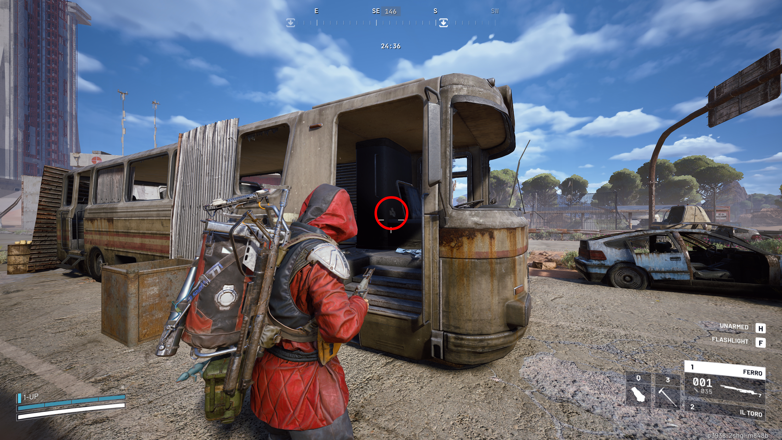 Arc Raiders A Wrench in the Works: A player looking at a wrecked bus on a main road at the western gate, with a red circle pointing out notes by the driver's seat.
