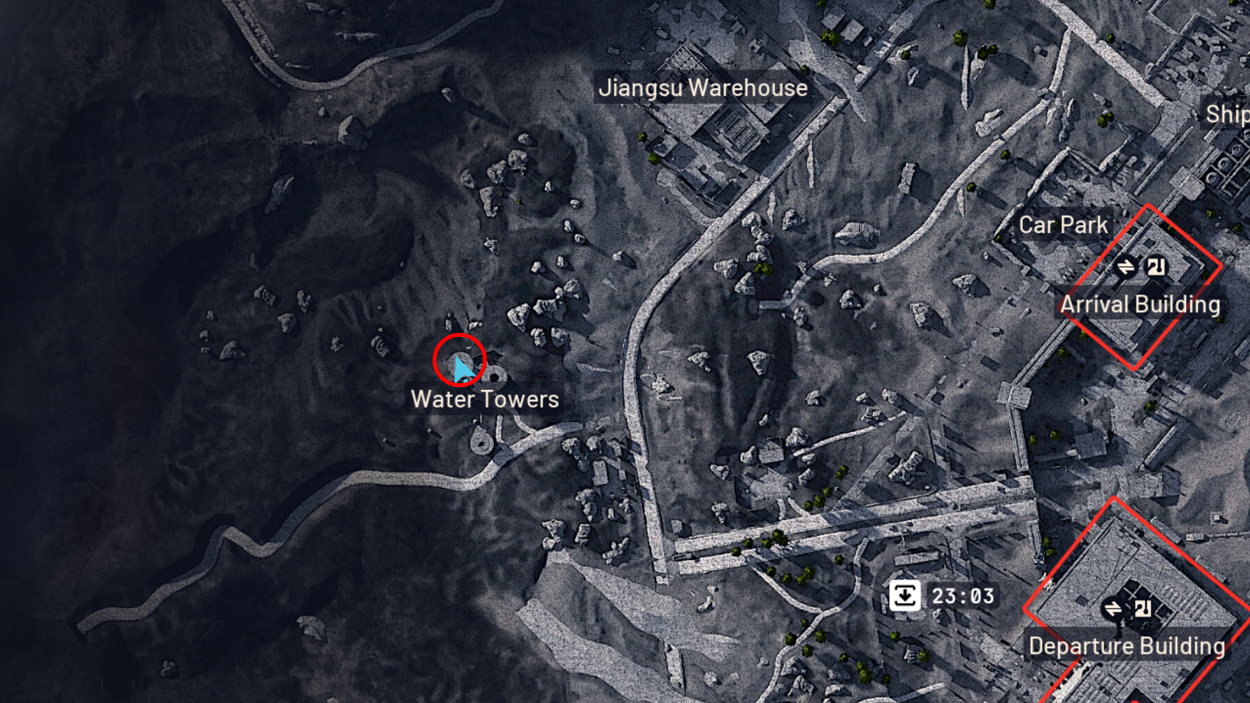 Arc Raiders A Wrench in the Works: A map of Spaceport with a red circle showing the location of the sabotage supplies in Water Towers.