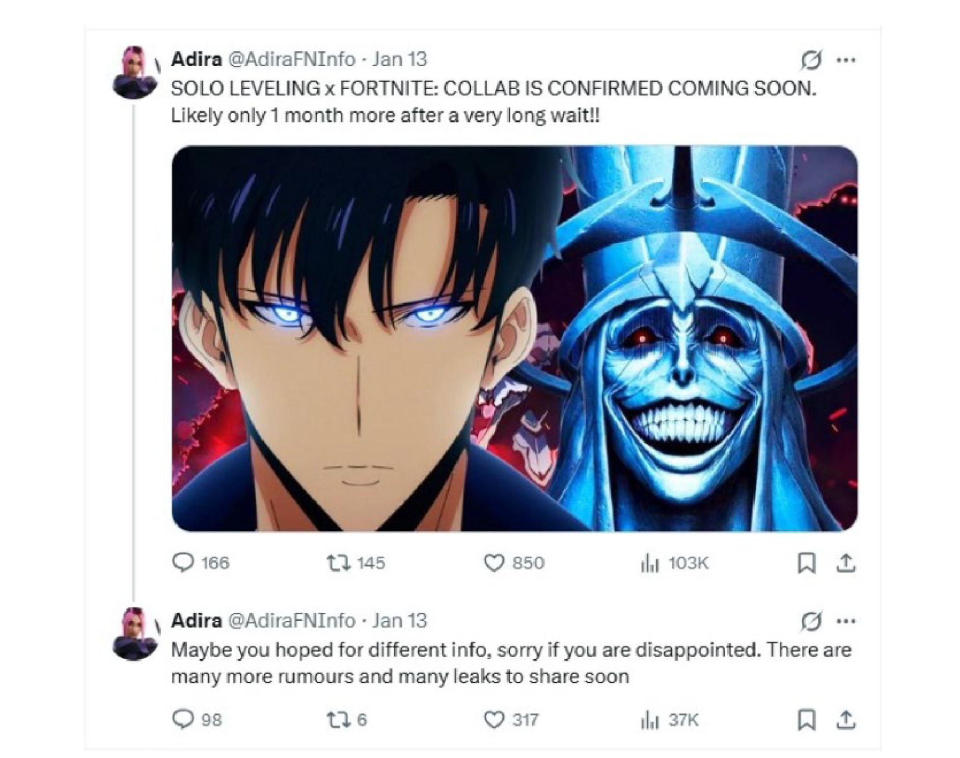 AdiraFN leaks Fortnite - Solo Levelling crossover on X