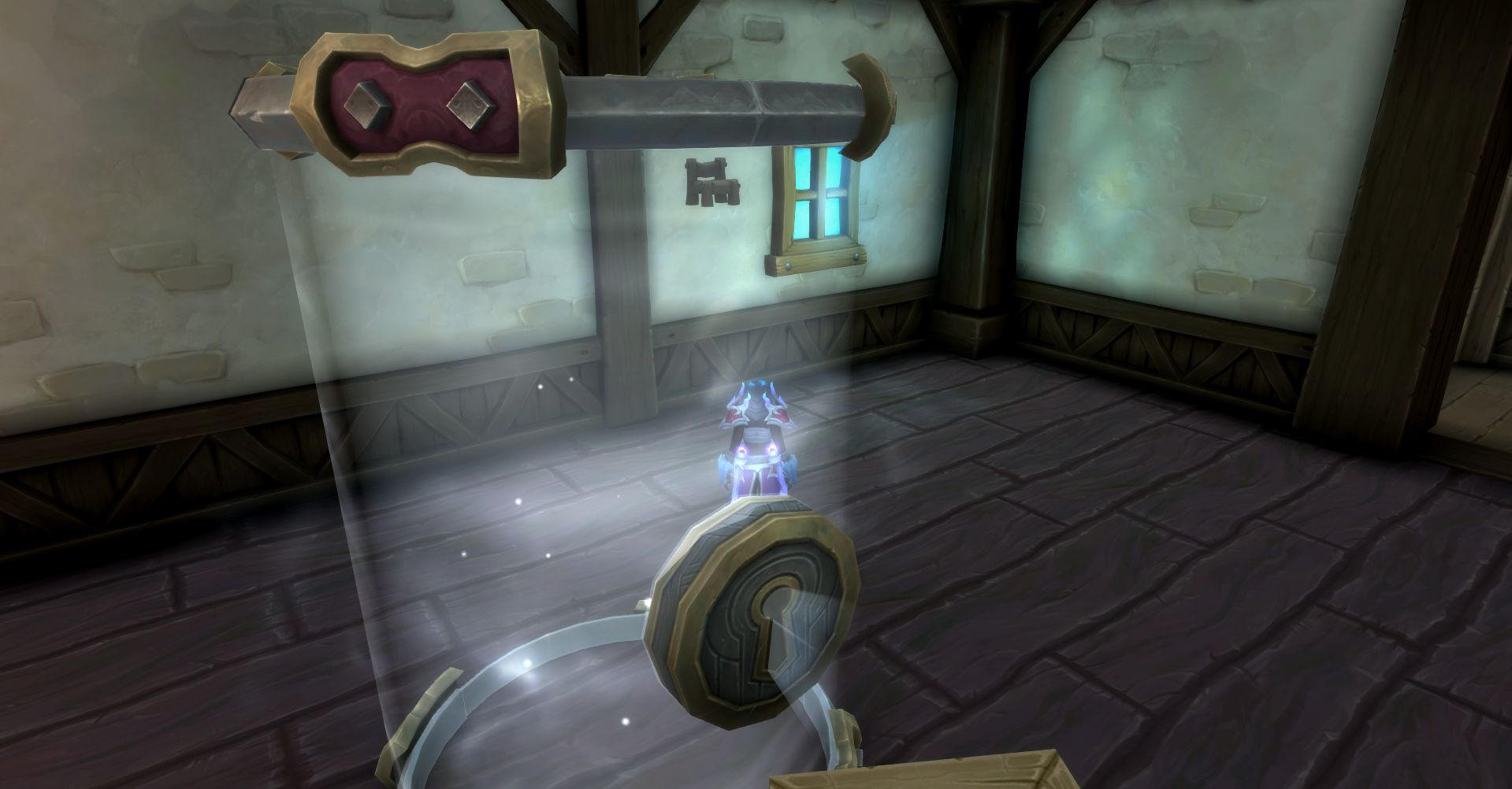 Several screenshots showing how to clip a chair into an object in World of Warcraft, allowing a player to be posed as if they are sitting on the object itself.