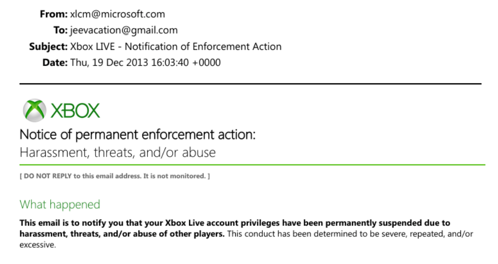 A portion of an email from Xbox to 
