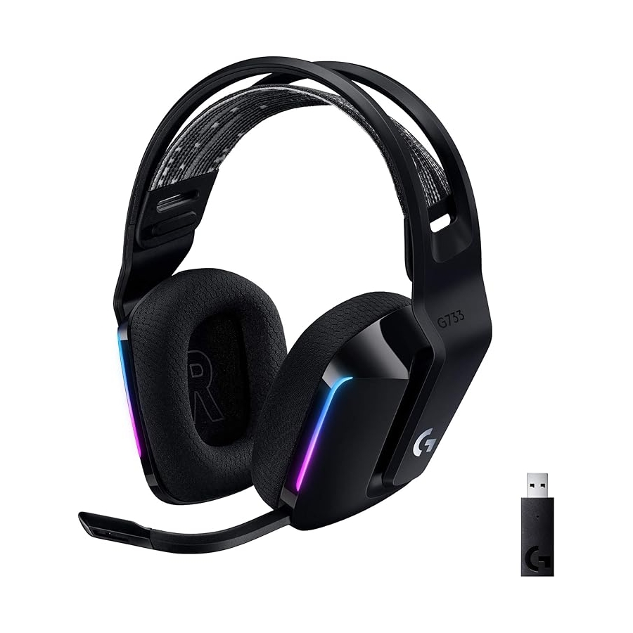 Logitech G733 Lightspeed wireless headset and dongle on white background