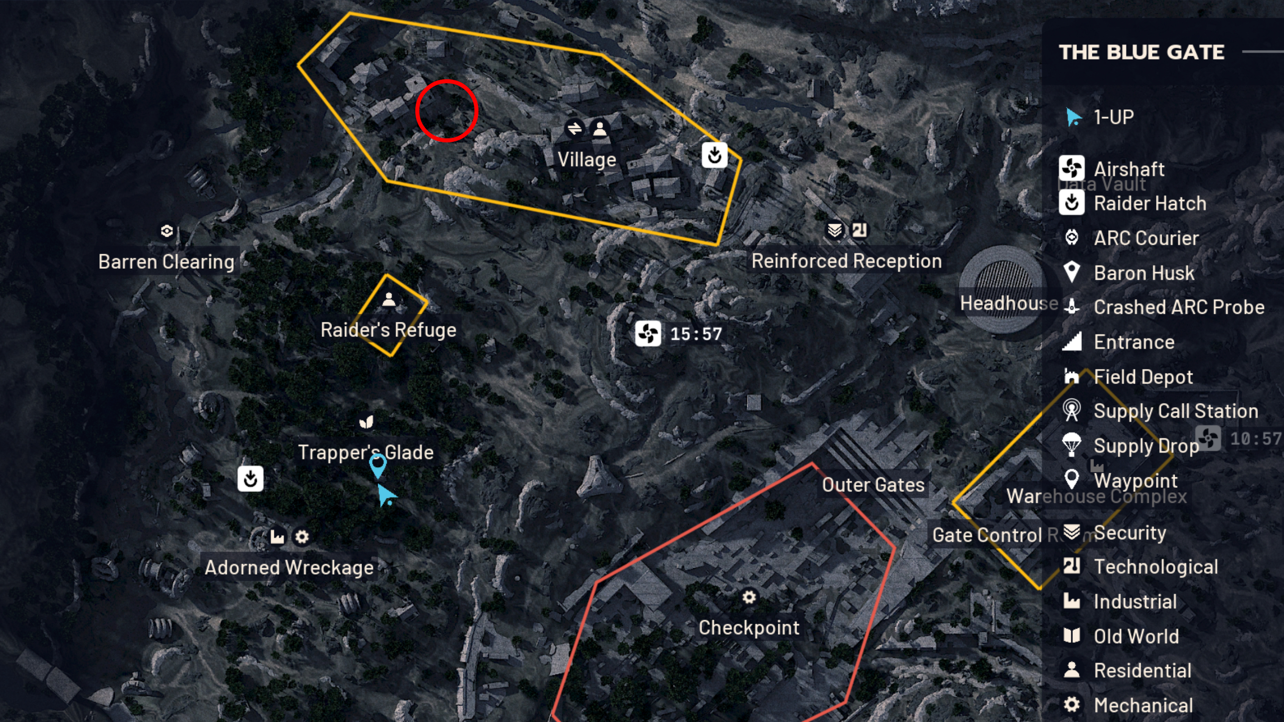 Arc Raiders Fertilizer: A map of Blue Gate with a small red circle pointing out the location of a greenhouse in the Village area.