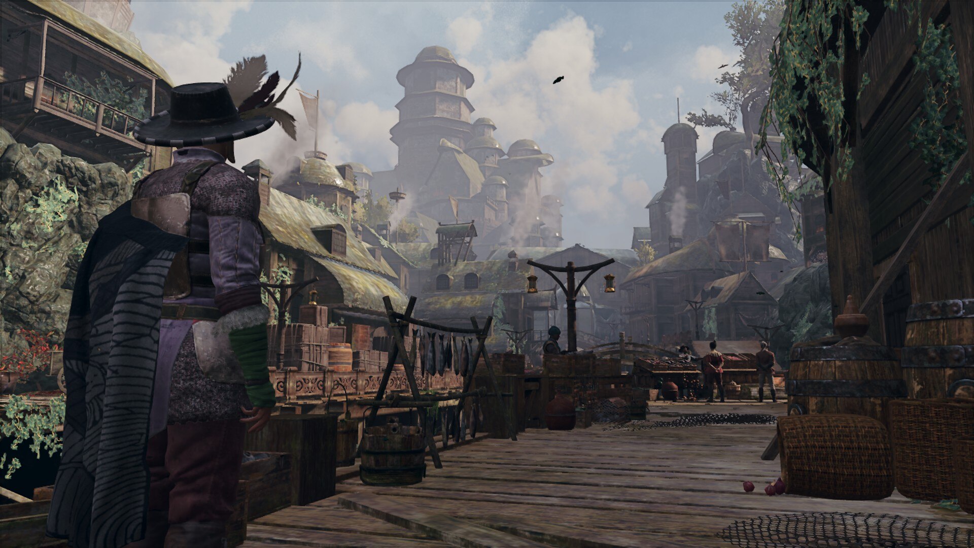 A person stands in a boardwalk in an open air market in Greedfall 2